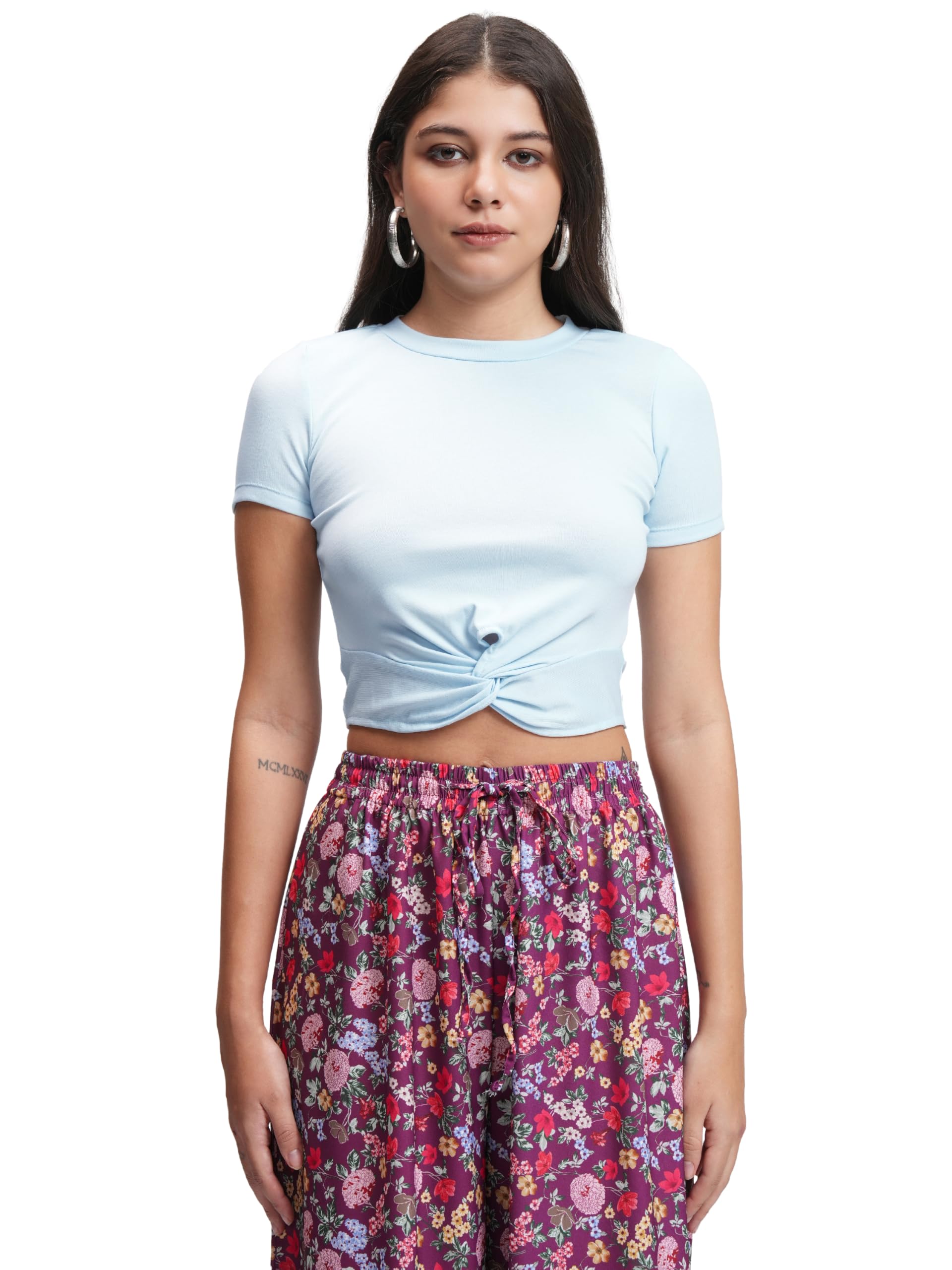 Women's Round Neck Short Sleeves Front Twisted Crop Top | Trendy & Chic | Perfect for Casual & Summer Outings | Tops for Woman | Women Tops | Stylish Top-image-1