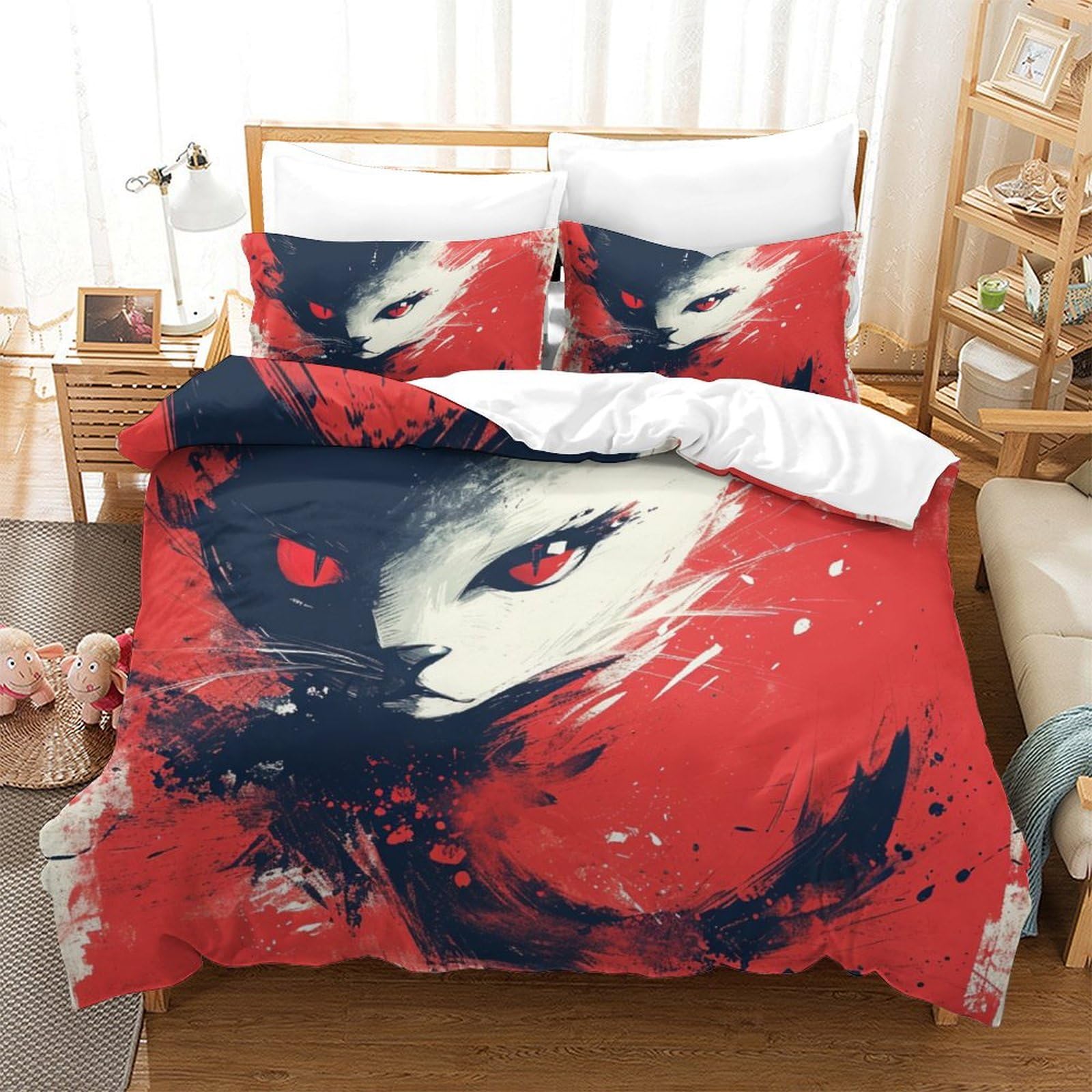 Parure de couette chat 3D microfibre 260x220 cm avec taies d'oreiller