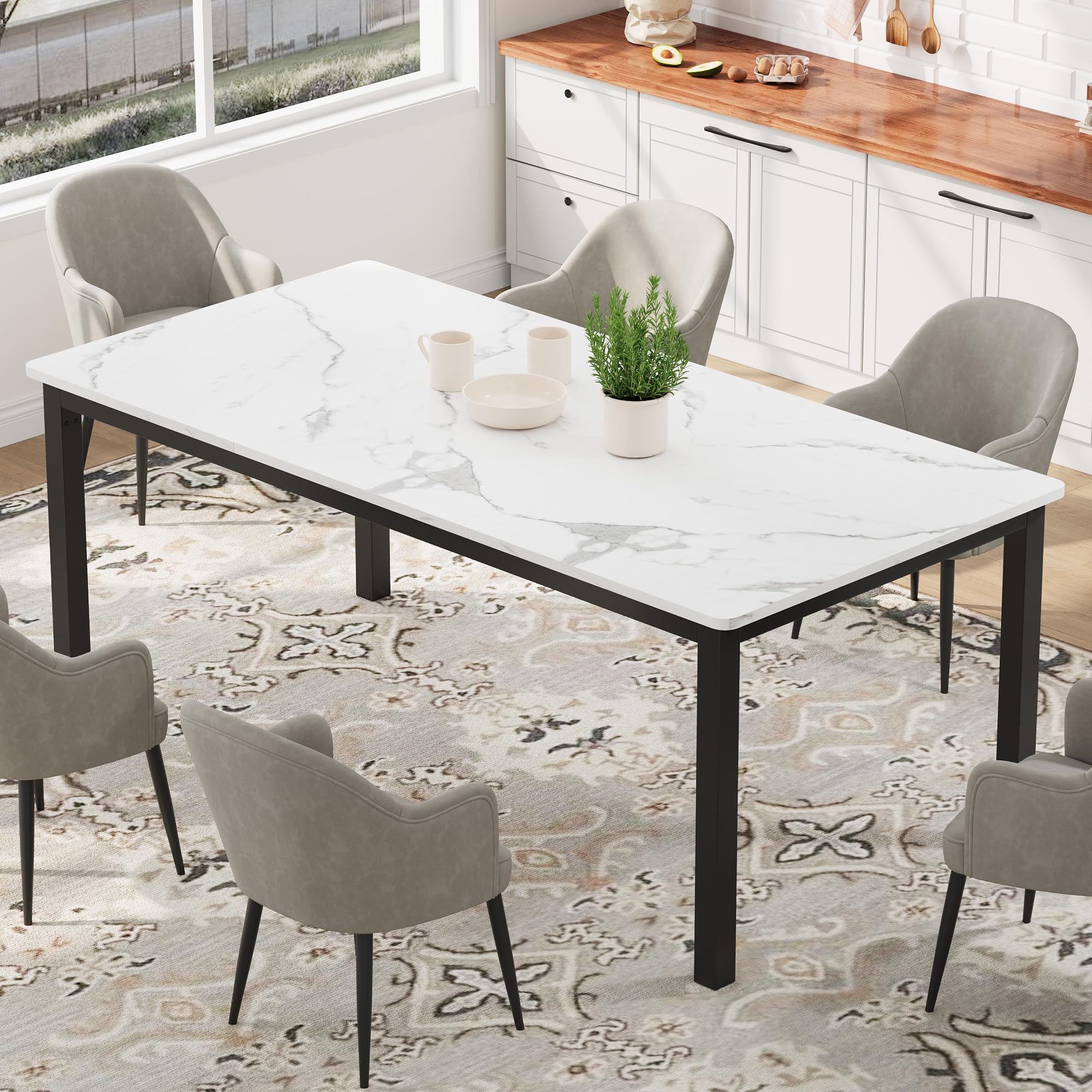 GarveeHome 70 8 in Industrial Dining Table for 6 Wooden Long Dinner Table with Mortise Tenon Design Kitchen