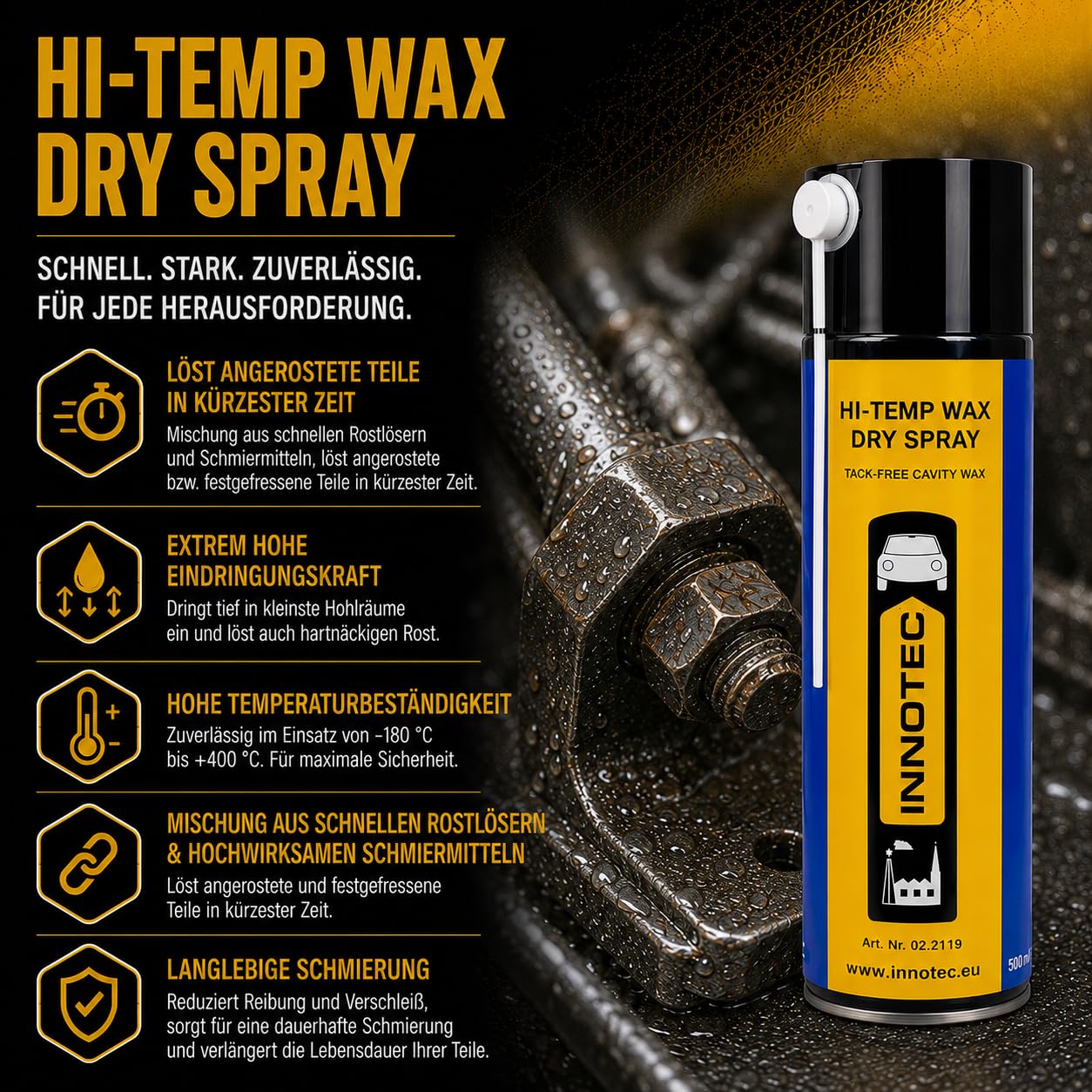 2 Stück Innotec Hi-Temp Wax Spray Unterboden und Hohlraumschutz Fettspray Transparent - Next Level Konservierung für Automotive & Industrie - Keine Anhaftung von Schmutz und Staub - 500ml Spraydose