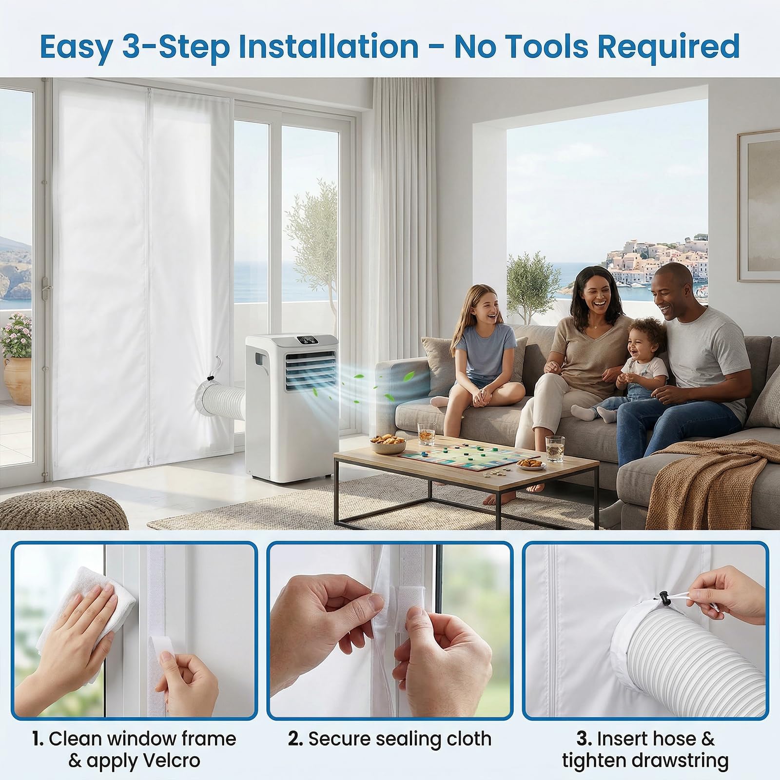 Kit d’étanchéité mobile pour climatiseur – 100 × 210 cm avec cordon | La solution idéale pour les fenêtres standards Avec ses dimensions de 100 × 210 cm, ce kit d’étanchéité convient.