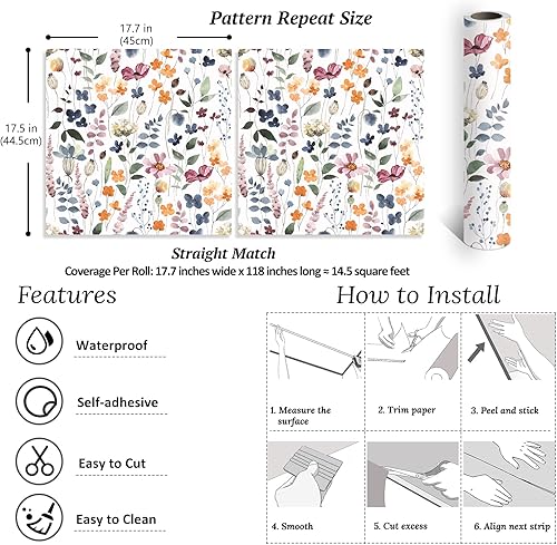 Miniatura 9 de VEELIKE Papel tapiz floral rústico con hojas prensadas, para pegar y despegar de 17.7 x 354 pulgadas, papel de contacto floral vintage para paredes,