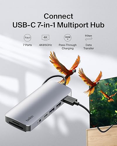 Miniatura 2 de Belkin Hub USB-C, Adaptador Multipuerto 7-en-1 - Estación de acoplamiento USB con HDMI 4K, Puerto PD USB-C 3.0, 2 x Puertos USB-A 3.1, Ranuras