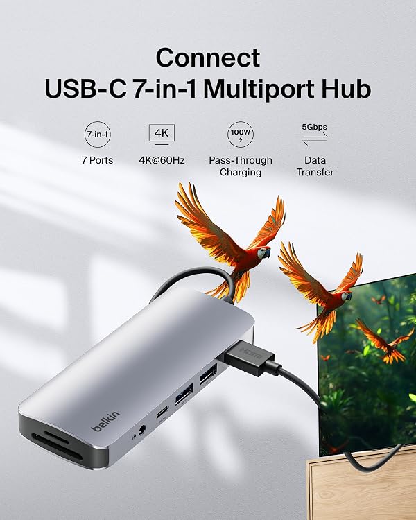 Belkin USB-C Hub, 7-in-1 Multiport Adapter - USB Docking Station with 4K HDMI, USB-C PD 3.0 Port, 2 x USB-A 3.1 Ports, SD Card & MicroSD Card Slots, & 3.5mm Audio Jack for MacBook, Air, iPad Pro, XPS by Belkin - Image 2