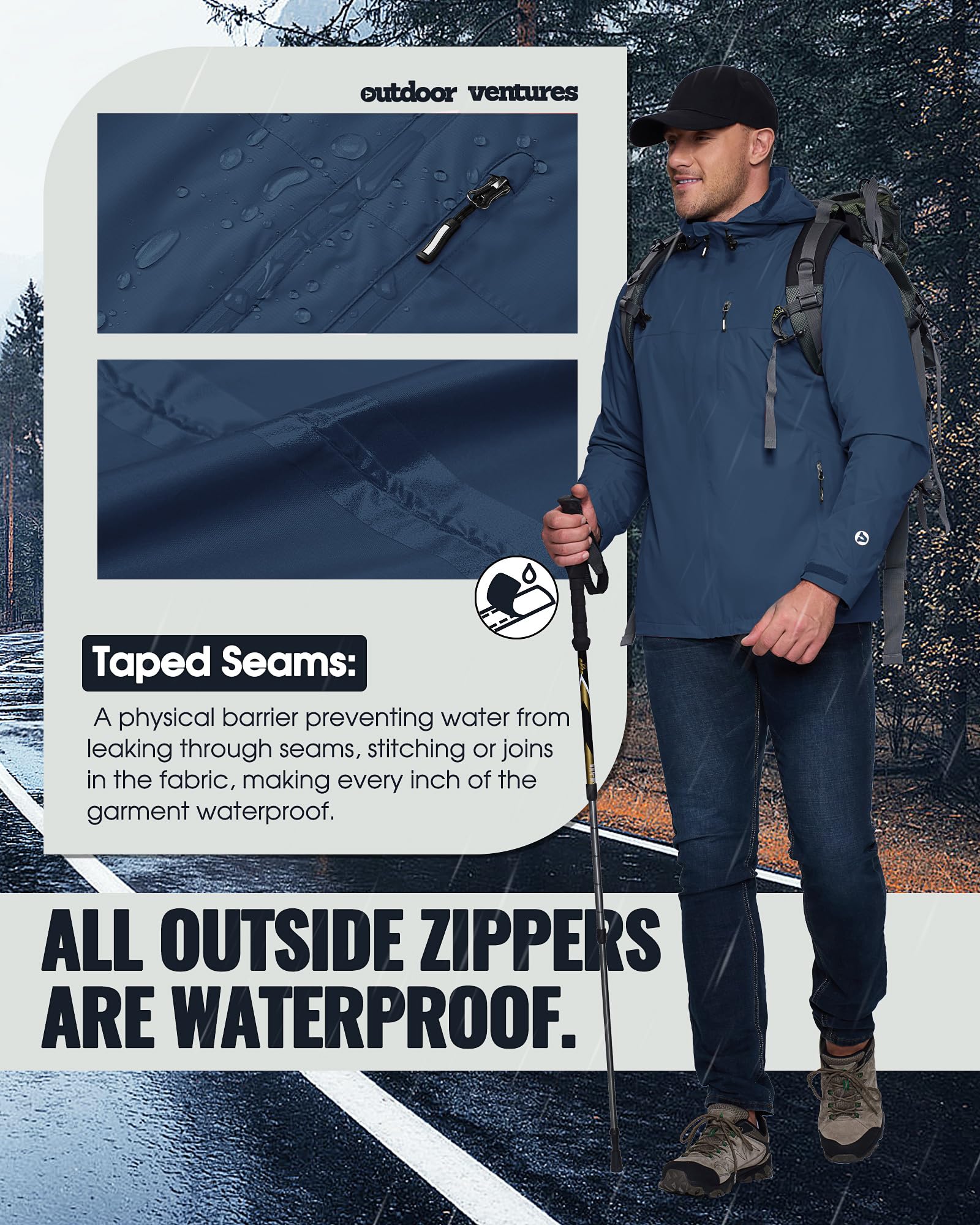 Outdoor Ventures Giacca antipioggia da uomo, impermeabile, traspirante, pieghevole, leggera giacca a vento per il tempo libero, escursionismo, campeggio