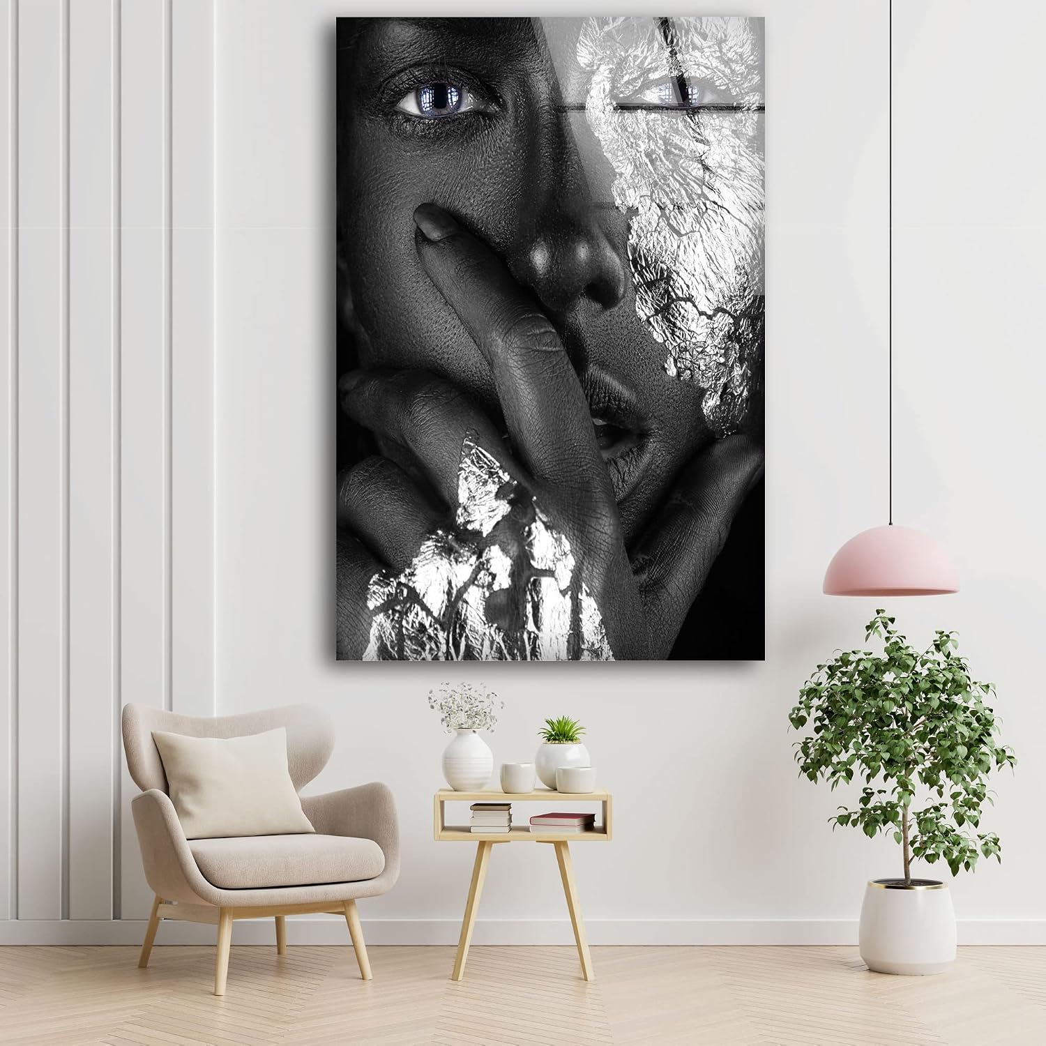 Myphotostation Silver Face Woman Tempered Glass Wall Art 35.5Hx30W''Black Woman Wall Art Modern Decor Glass Printing Large Wall Art for Living Room Tempered Glass Panel African Woman Wall Decor image 4