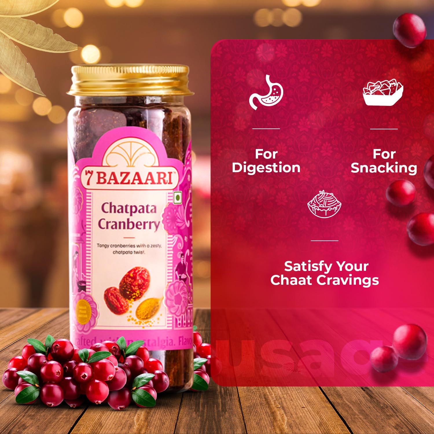 7 BAZAARI Chatpata Cranberry - Premium Spicy & Tangy Dried Cranberries with Chatpata Seasoning, Cumin, Natural Ingredients,High-Fiber, Heart-Friendly Healthy Indian Snack, 180 Gram Pack (Pack of 2) - Image 3 thumbnail