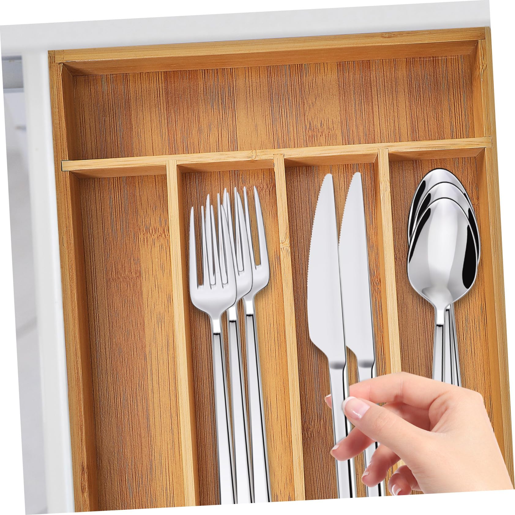 Organizador 5 Cajón de Bambú de Cocina para Cubiertos Marrón Ranuras | Bandeja de Almacenaje, Ranuras Multifunción, Acabado Elegante y Resistente al Desgaste, para Cocina