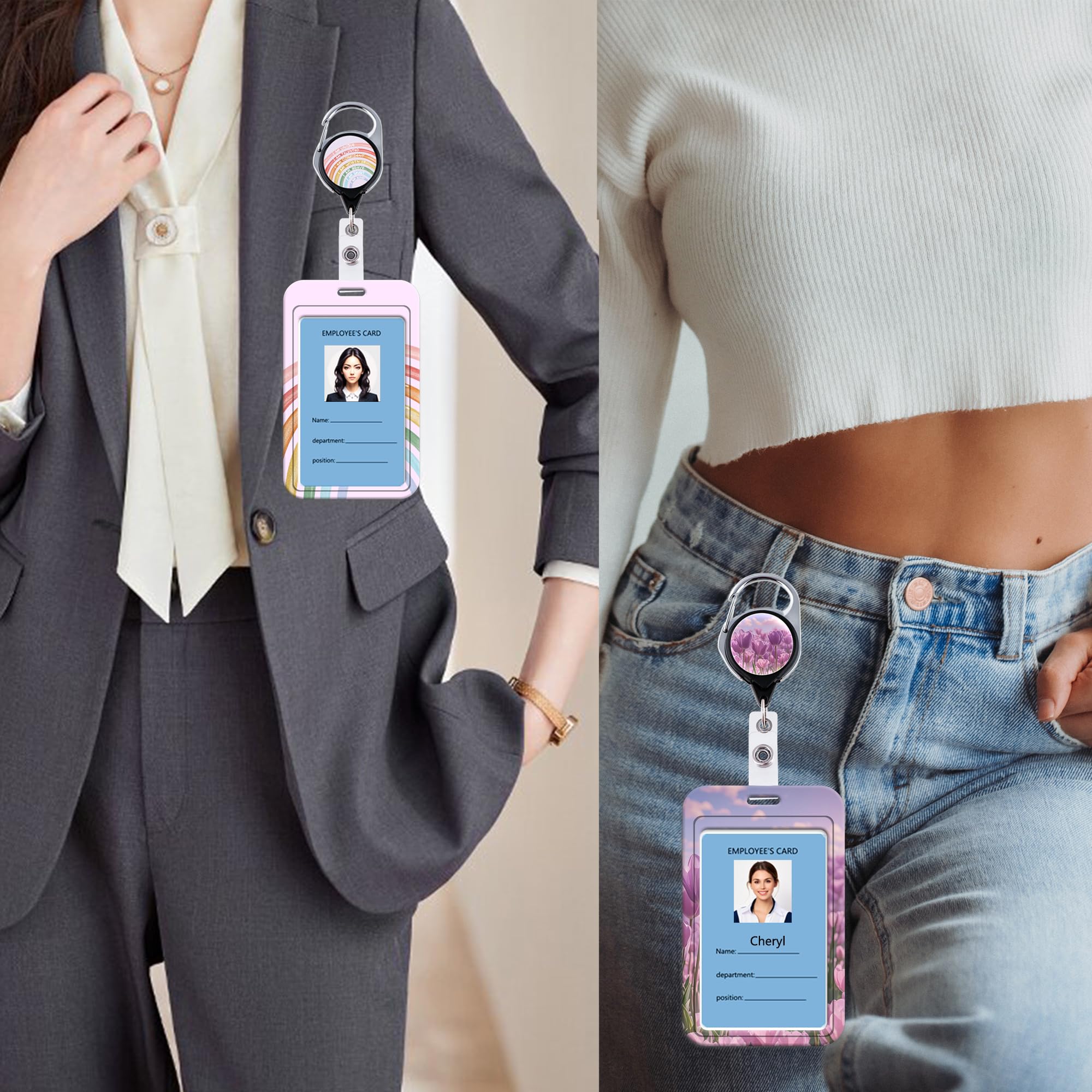 Cute Flower Badge Holder With Retractable Reel - Beige Floral ID Card Holder With Keychain