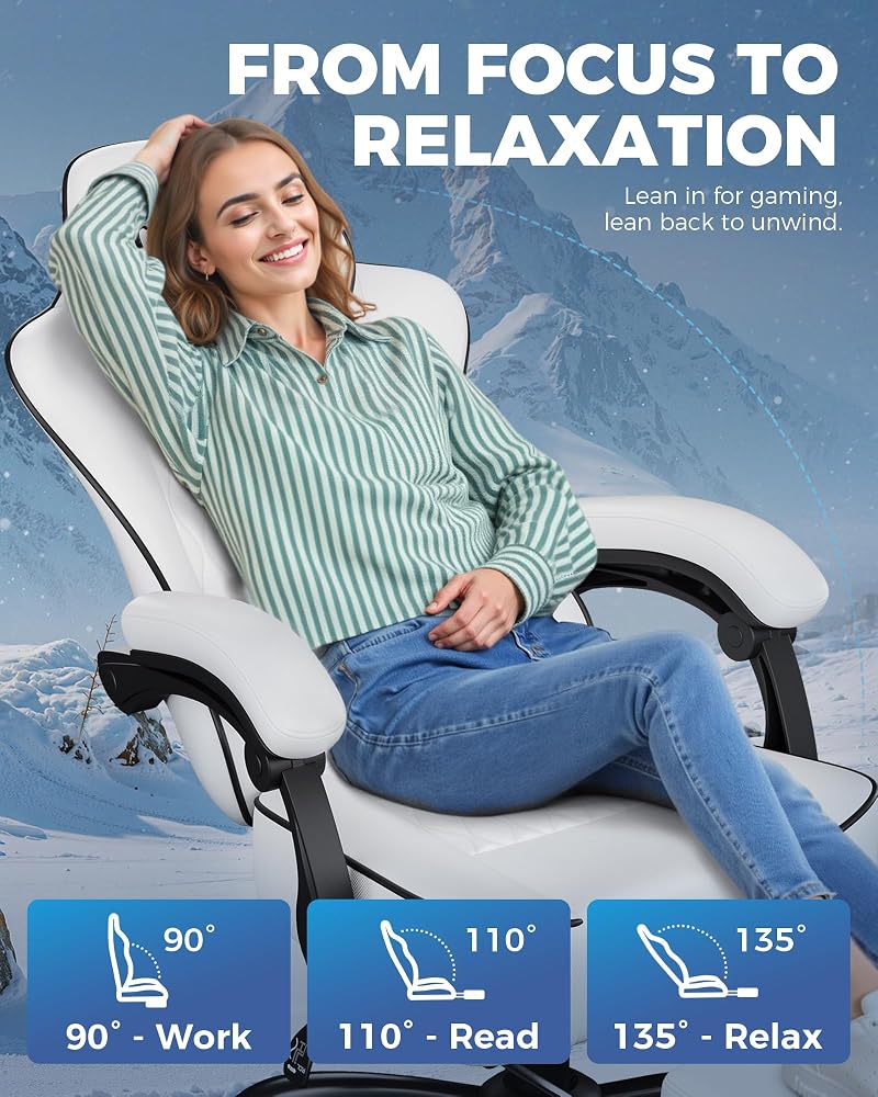 GTPLAYER Big and Tall Gaming Chair with Footrest, Ergonomic Office Desk Chair with 4.4in Thick Cushion and Wide Wingless Seat, Comfortable Leather Computer Chair, Predator Series, White