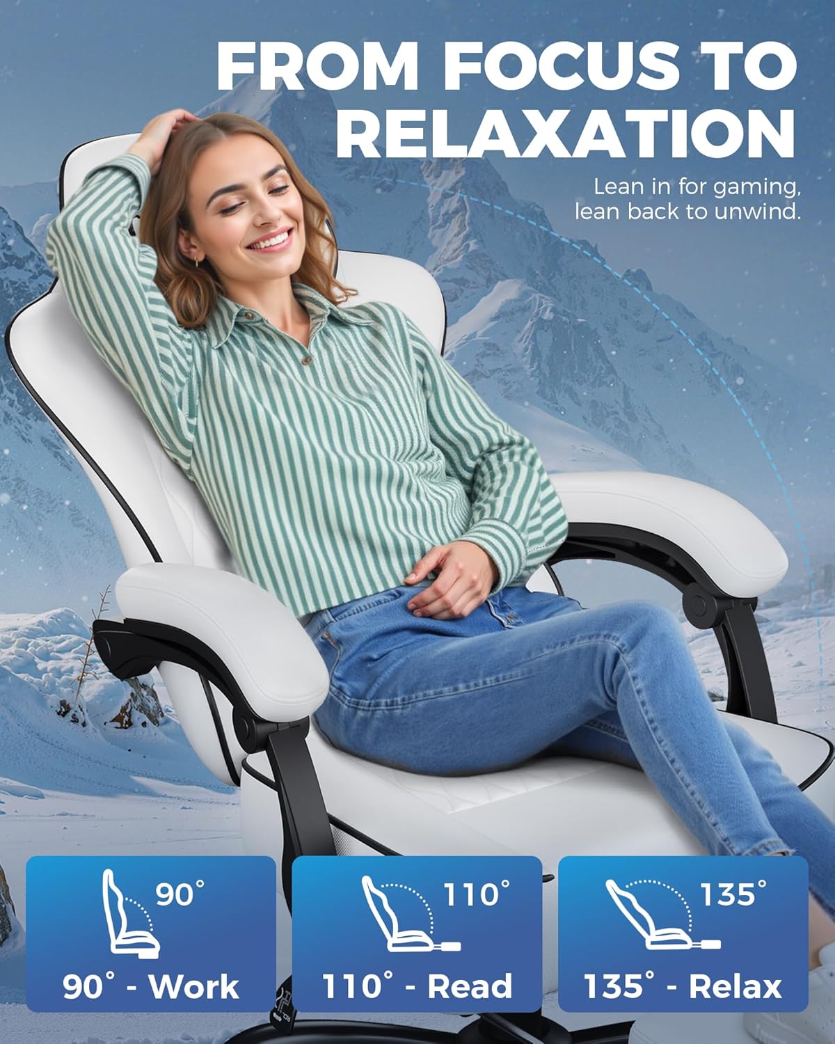 GTPLAYER Big and Tall Gaming Chair with Footrest, Ergonomic Office Desk Chair with 4.4in Thick Cushion and Wide Wingless Seat, Comfortable Leather Computer Chair, Predator Series, White