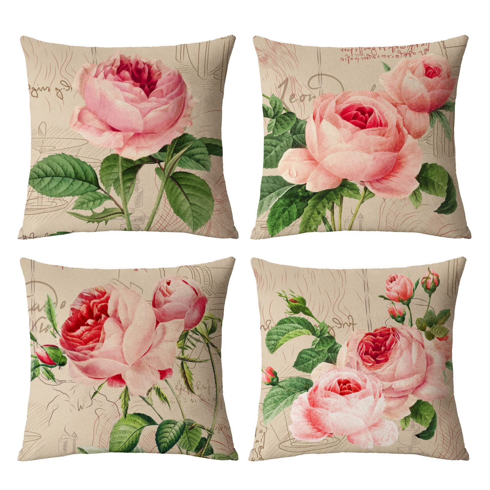 Neatee Living Set of 4 Rose Decorative Throw Pillow Covers 20x20 Inch Pink Floral Pillow Covers Square Pillow Cases Spring Summer Flower Outdoor Sofa