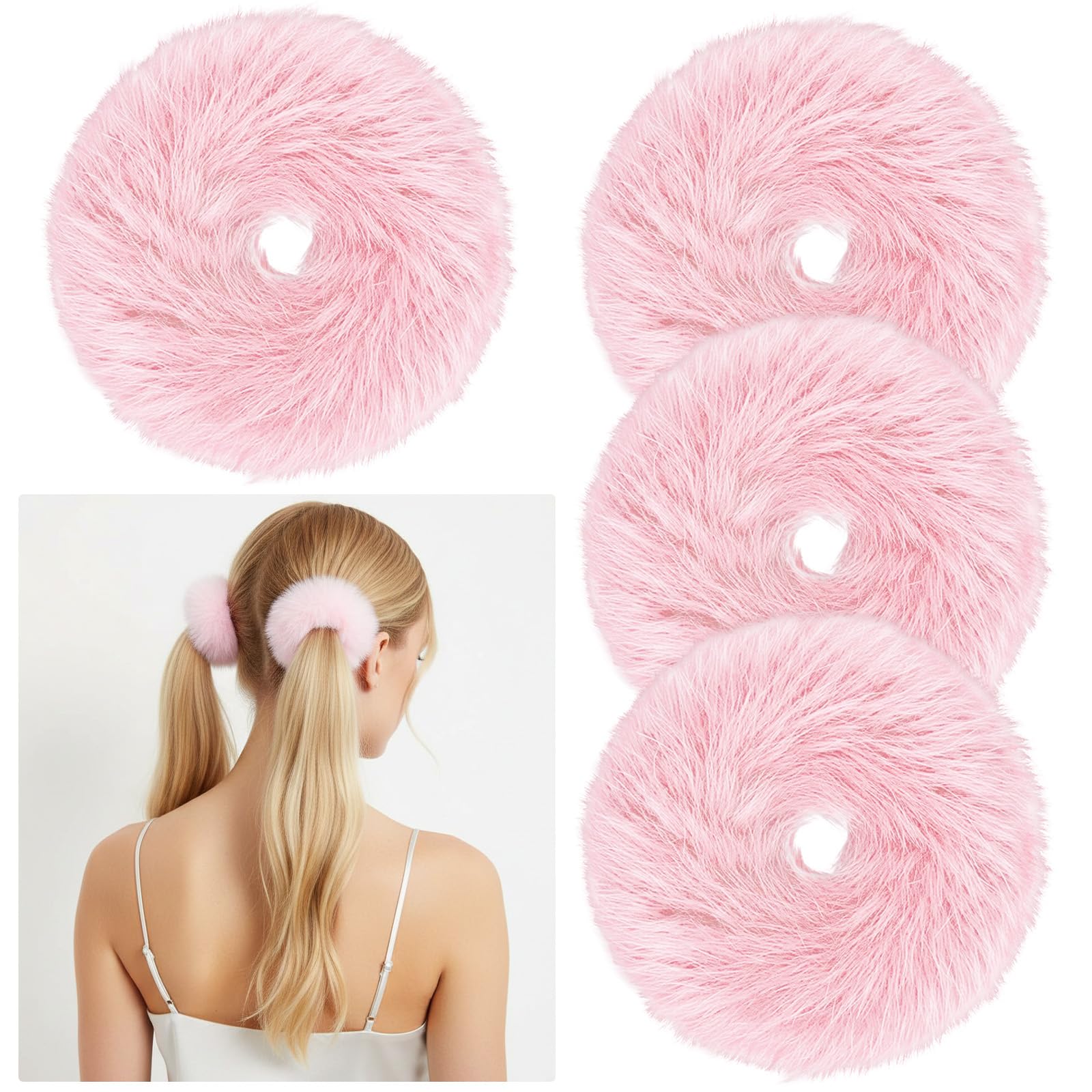Muiltvoe 4 Pcs Pink Pom Pom Hair Ties, Fluffy Faux Rabbit Pink Scrunchies Cute Fuzzy Ponytail Holder Elastic Hair Accessories for Women Girls