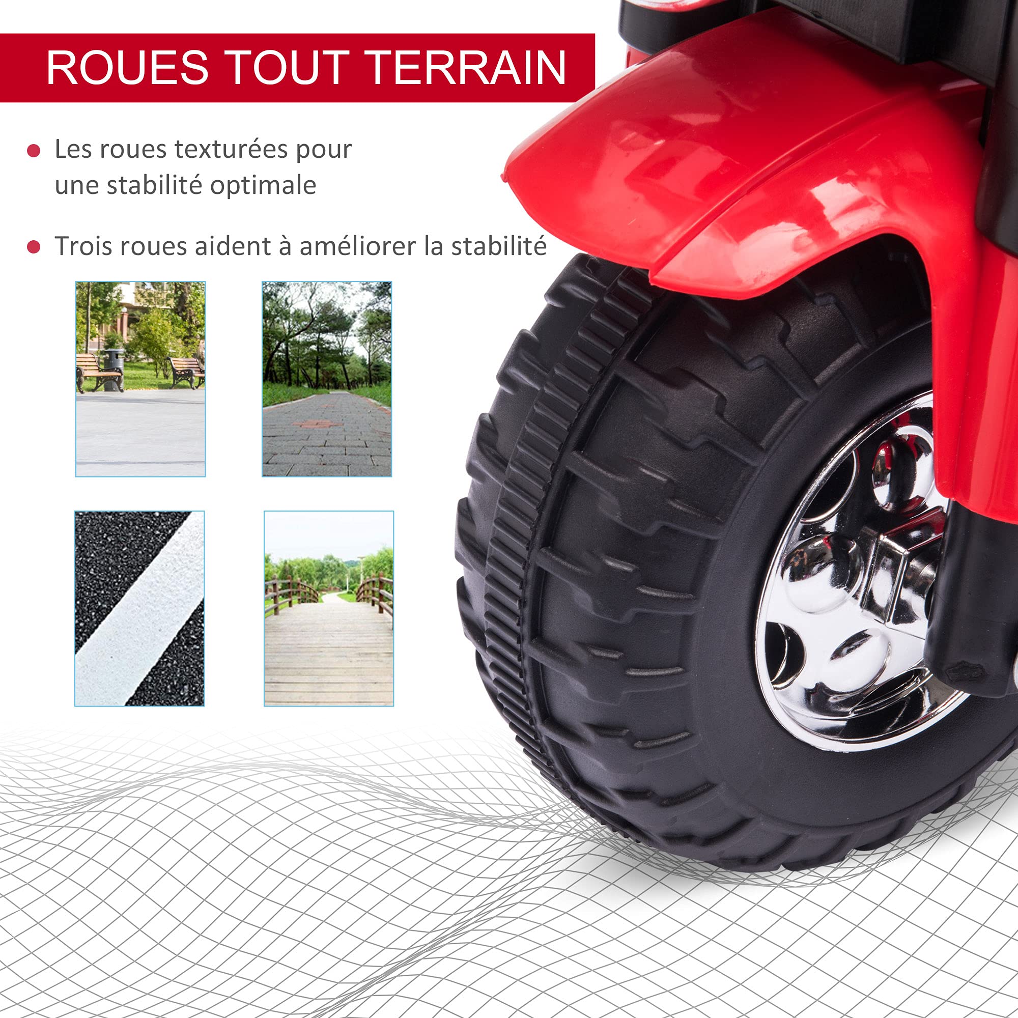 HOMCOM Moto Électrique Enfant Chopper Tout-Terrain 6 V 20 W Rouge Noir | Marche AV AR, 3 Roues, Effets Lumineux et sonores