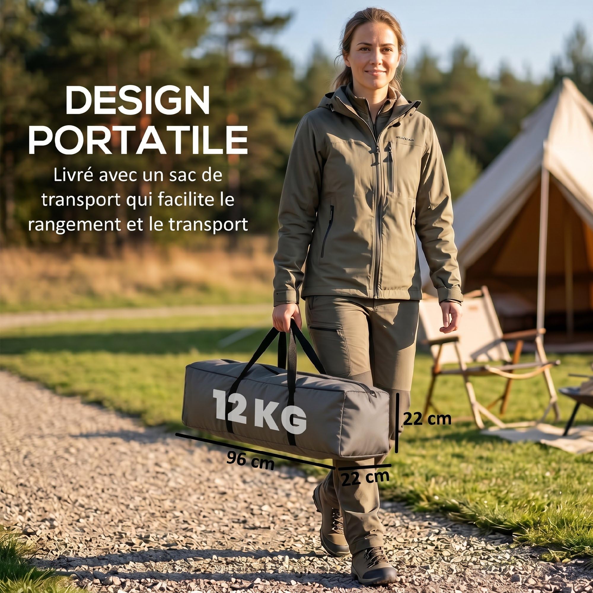 Outsunny Ensemble Tente de Camping 3 en 1 avec lit de Camp 1 Personne, Tente et 1 Matelas Gonflable - Sac de Transport Inclus - dim. 200L x 86l x 147H cm