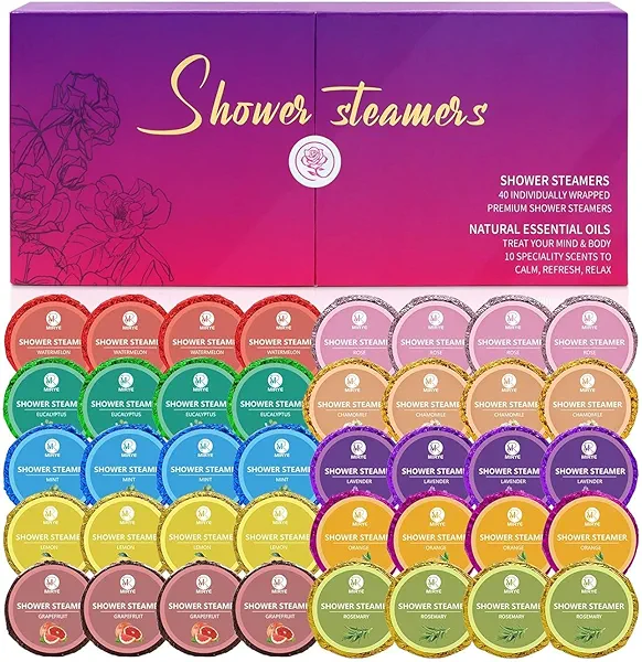 40 PCS Shower Steamers Aromatherapy for Women or Men, 10 Scents Organic with Rose Lavender Mint Watermelon Eucalyptus Lemon Rosemary Grapefruit, Shower Bombs Spa Birthday Gifts for Her Him