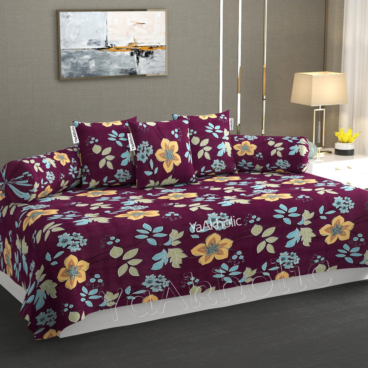 YaAkholic Premium Microfiber 220 TC Floral Pattern 6 Pieces Diwan Set Covers with 1 Single Bedsheet, 2 Bolster Covers and 3 Cushions Cover, Purple Floral-image-28