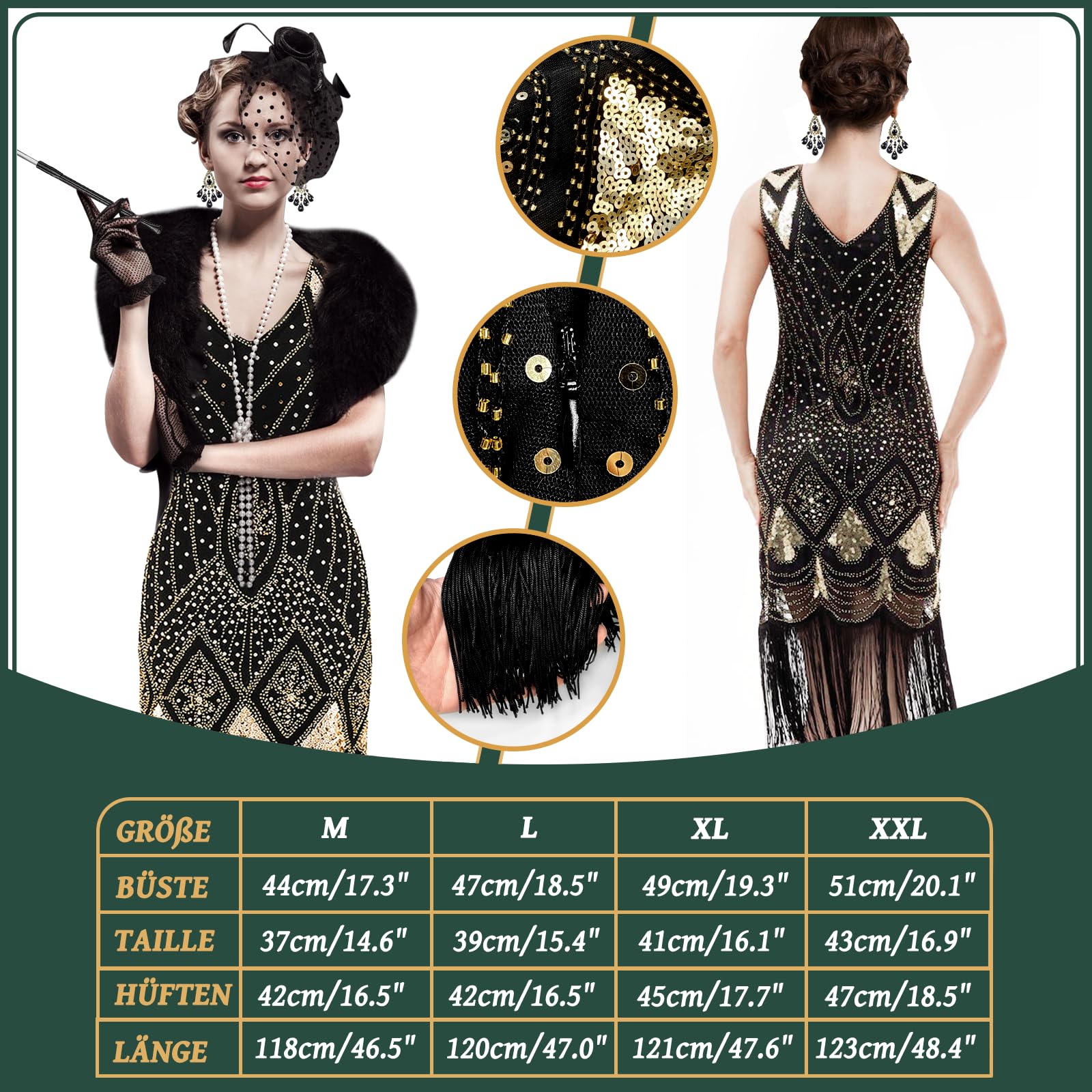 Lot de 9 costumes des années 20 pour femme, robe Charleston à franges, clapette des années 1920, col en V avec accessoires, colliers et boucles d'oreilles, pour robe des années 20
