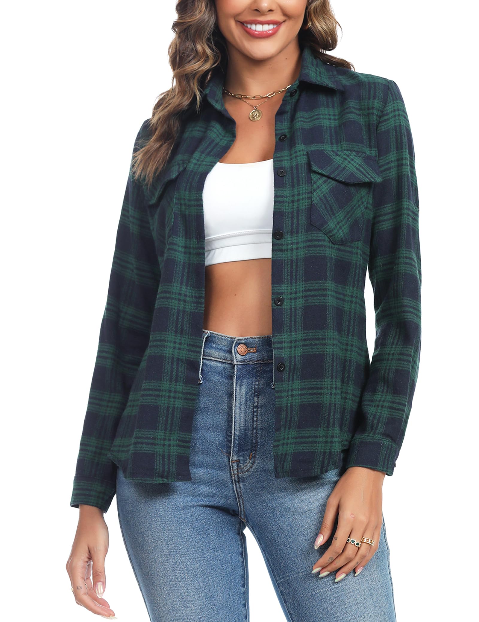 Irevial Damen Karierte Bluse Karohemd Button-down Langarm Karo Flanell Hemden Baumwolle Hemdbluse Flanellhemd für Frühling und Herbst