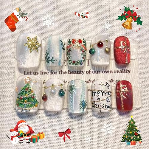 Christmas Press On Nails Short Square-Soft Gel Reusable Cat Eye