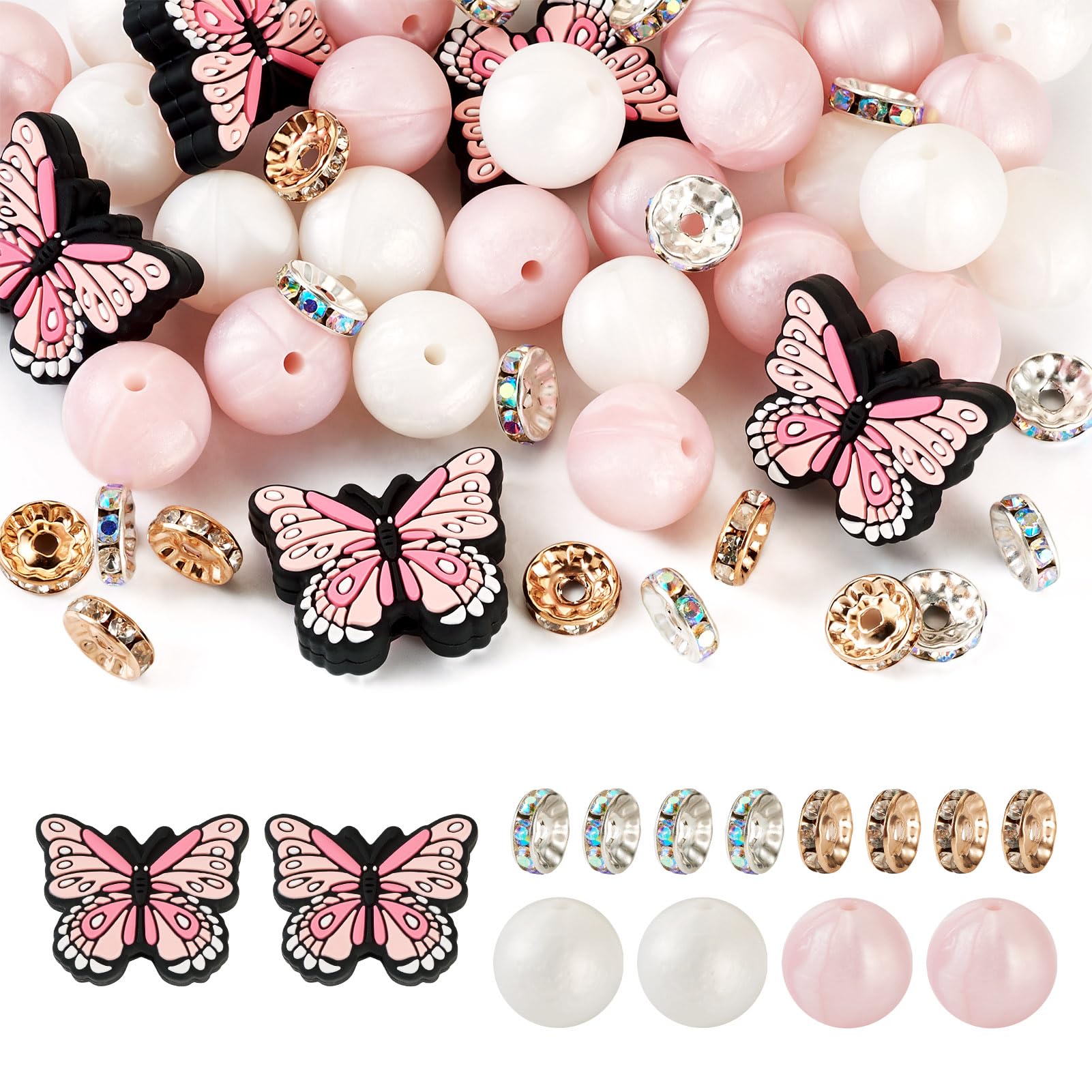 FASHEWELRY 65Pcs Butterfly Silicone Beads Pink White Round Rubber Bead Bulk Glass Rhinestone Loose Spacer for Necklace Bracelet Keychain Jewelry Making