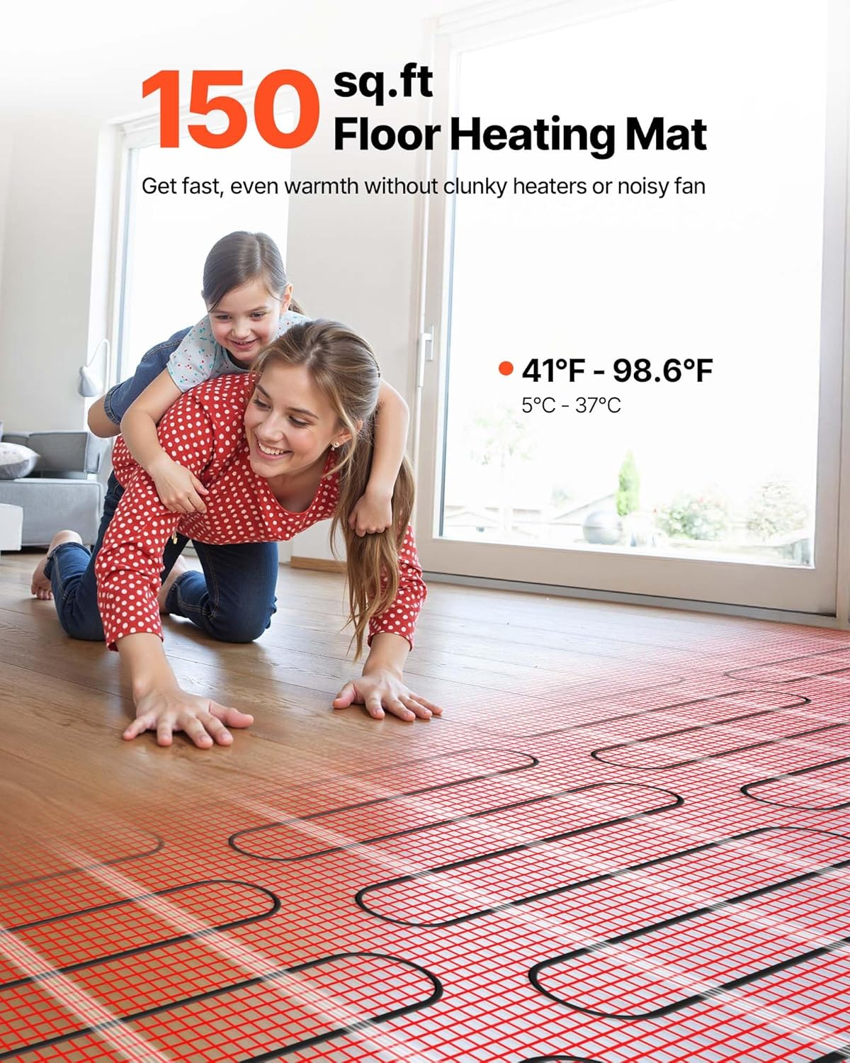 VEVOR Self-Adhesive Mesh Floor Heating Mat, 150 sqft 120V, Smart Thermostat & Alarm, Easy Install for Tile, Stone & Vinyl Flooring