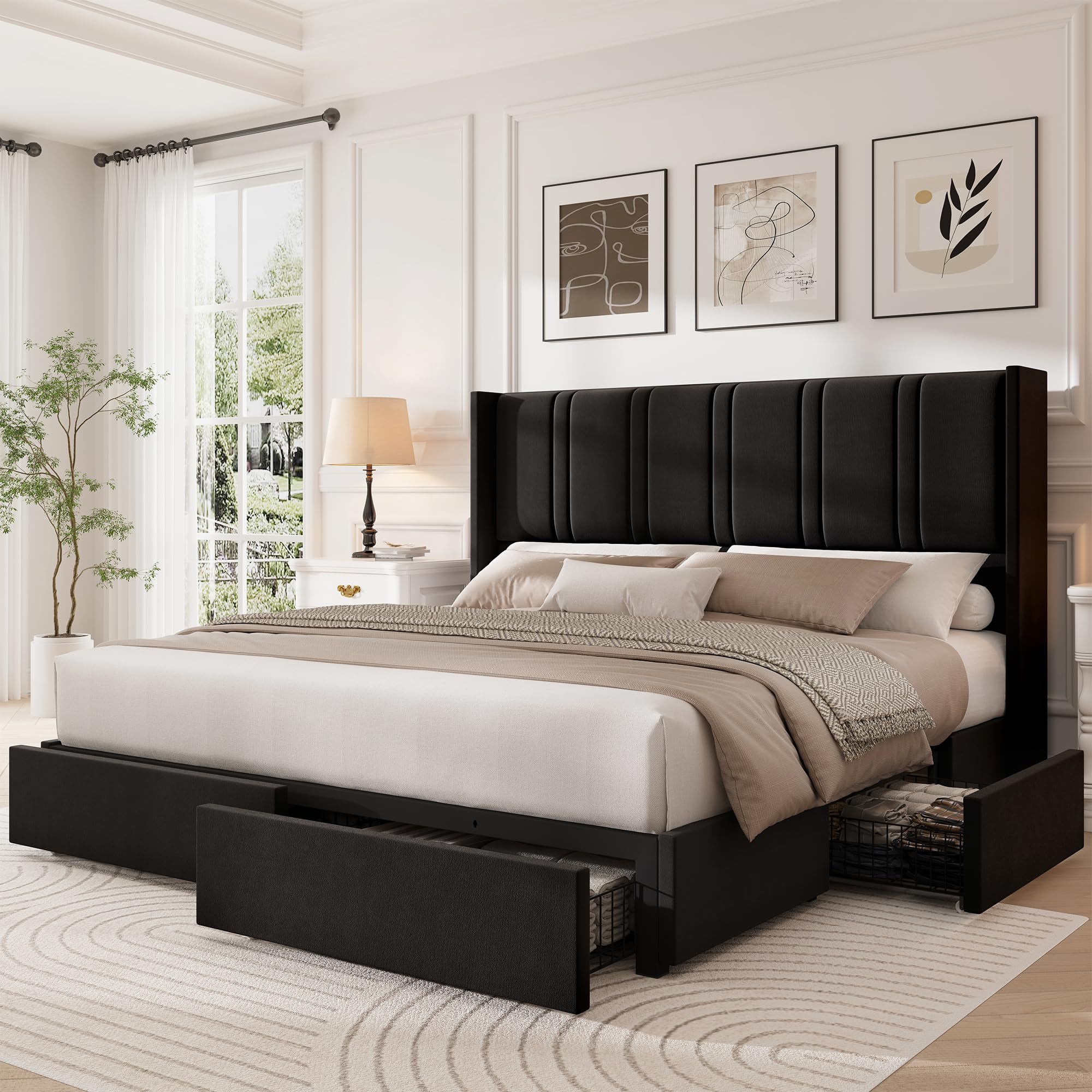 LARMACE King Size Bed Frame with 4 Storage Drawers and Wingback Headboard Velvet Upholstered Platform Bed Frame with Wooden Slats, Easy Assembly,