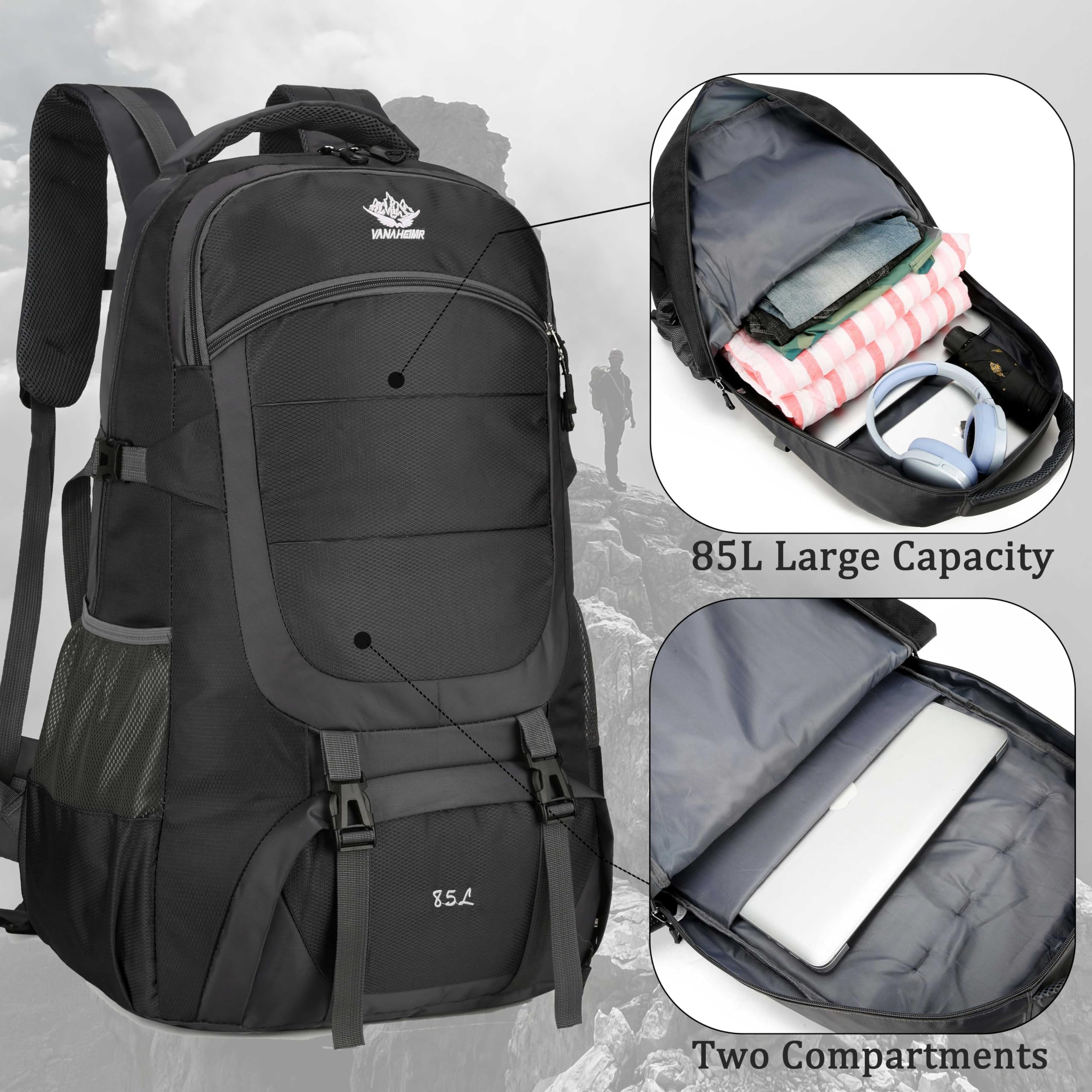85 l Wanderrucksack, Camping-Rucksack, Jagd-Rucksack für Outdoor, wasserabweisend, taktischer Rucksack für Damen und Herren, Tiefes Blau, Large, Outdoor