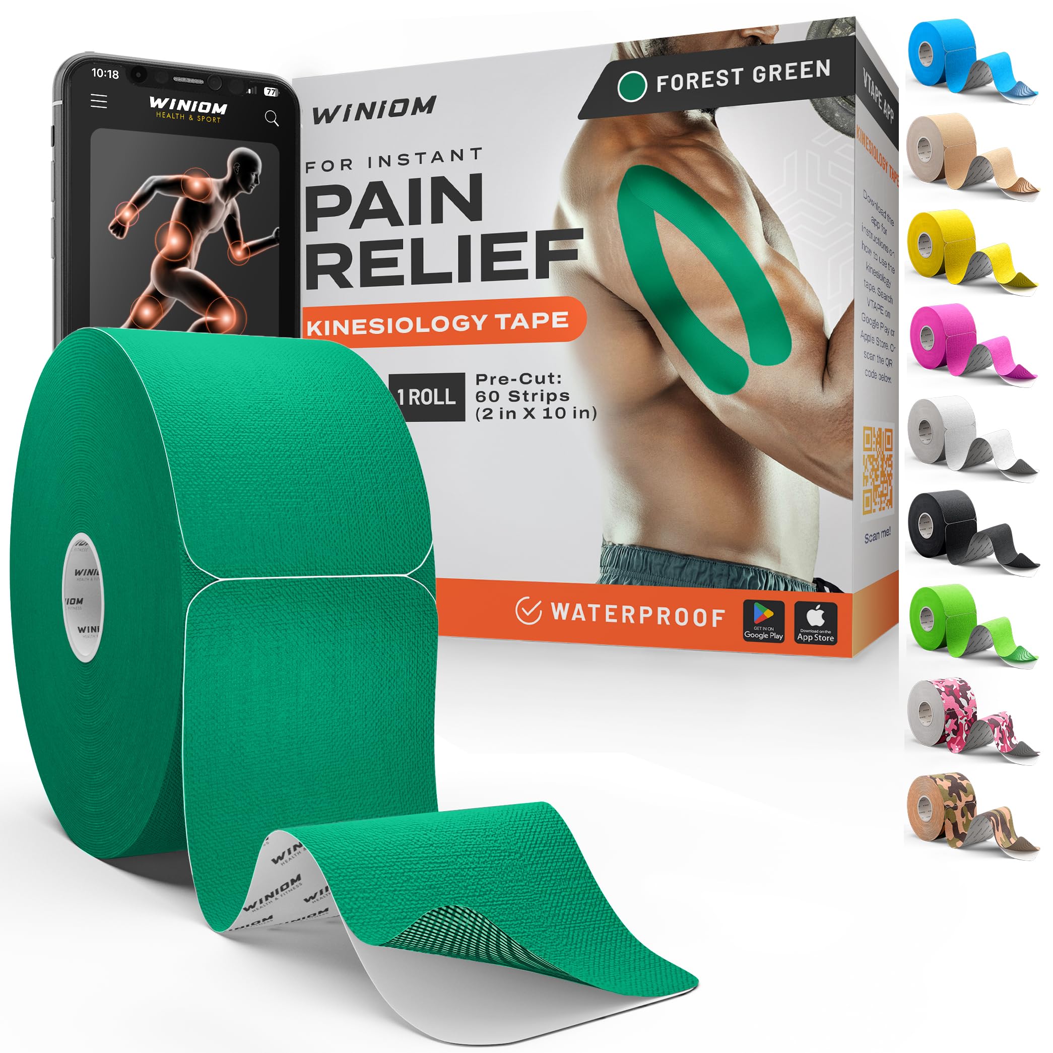 Kinesiology Tape - Waterproof Athletic Sports Tape for Knee, Shoulder, Arm &amp; Back Support | 3-5 Day Adhesion, Hypoallergenic &amp; Latex-Free + Taping Guide (Precut, 2"x50ft Roll, Forest Green)