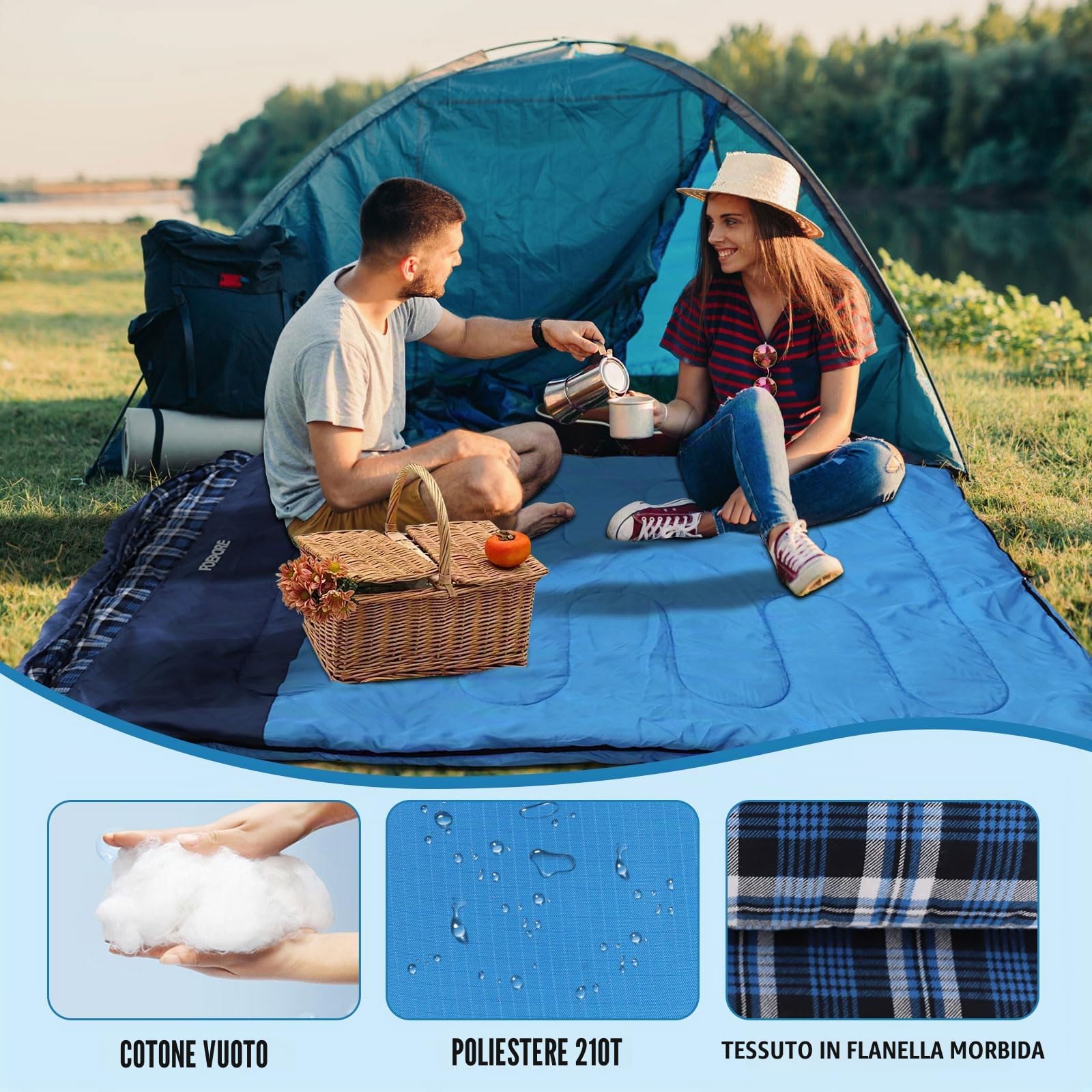 Sacco a Pelo Matrimoniale in Flanella per Adulti 0℃ 3-4 Stagioni Sacci a Pelo 2 Persone Portatile con 2 Pillow e un Sacco a Compressione Campeggio Trekking Escursioni 233 x 157 cm