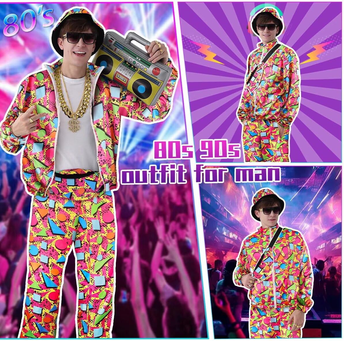 80s 90s Outfit for Men Tracksuit Costume, Hip Hop Hat Fanny Pack Ring Bracelet Gold Chain Rapper Sportswear - Image 2