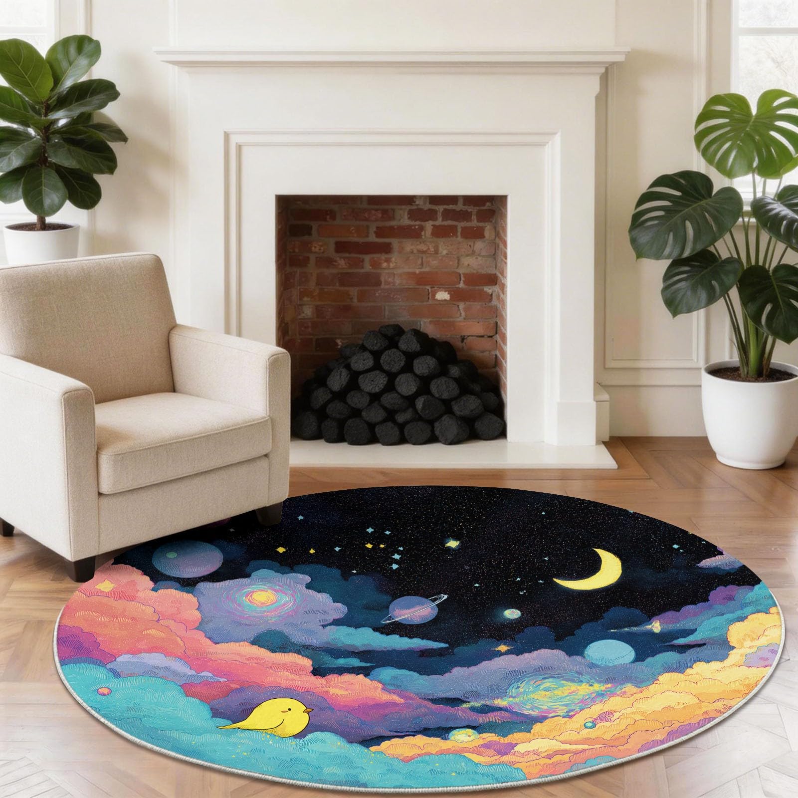 Generisch Vogel Wolken - Tappeto rotondo da 150 cm, lavabile e antiscivolo, a pelo corto, morbido, motivo con uccellini gialli, nuvole e pianeti, per la cameretta dei bambini