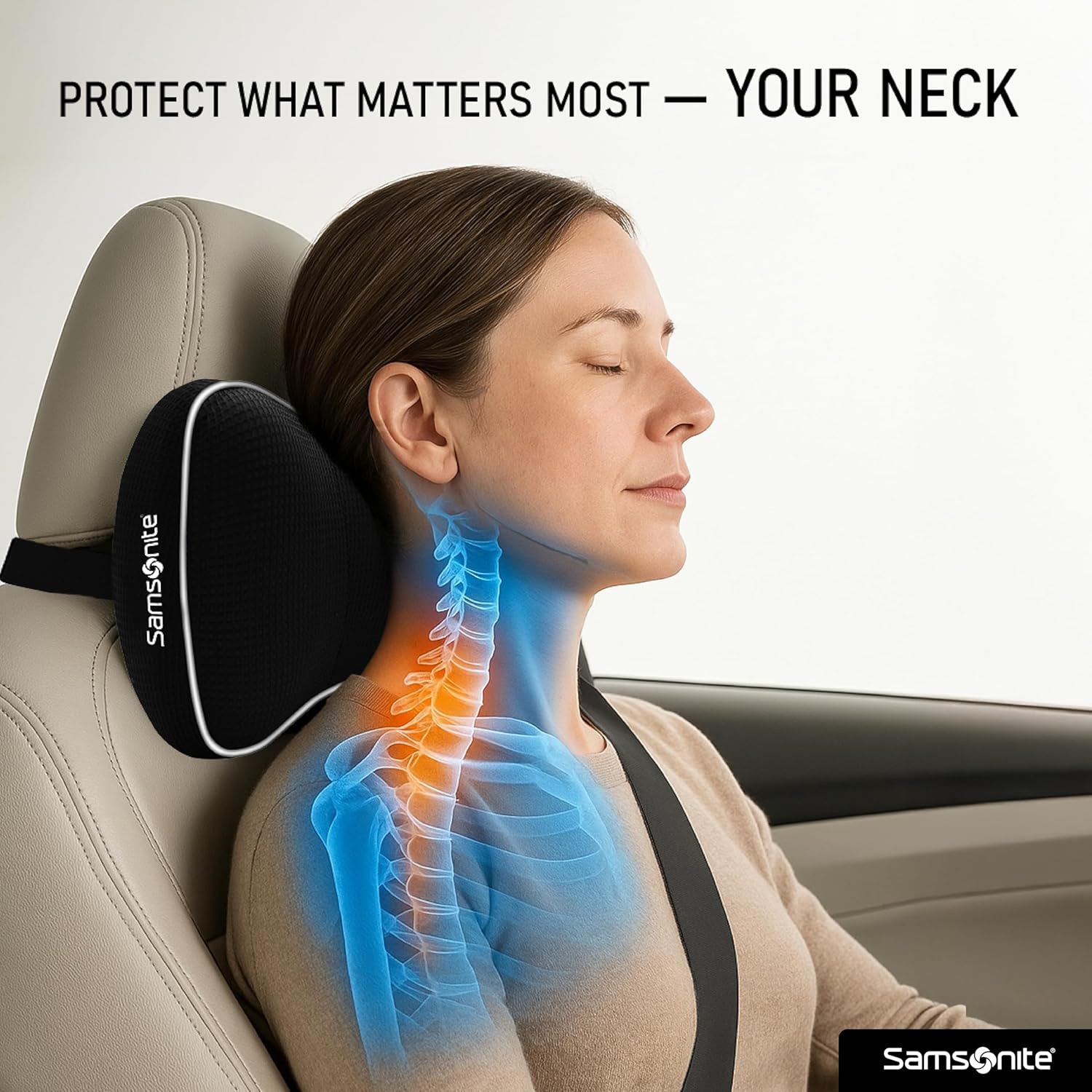 Samsonite Car Neck Pillow, Soft Memory Foam Headrest Pillow for Driving, Ergonomic Car Seat Headrest Cushion with Adjustable Strap, Breathable & Removable Cover, Neck Pain Relief, Black - Image 2