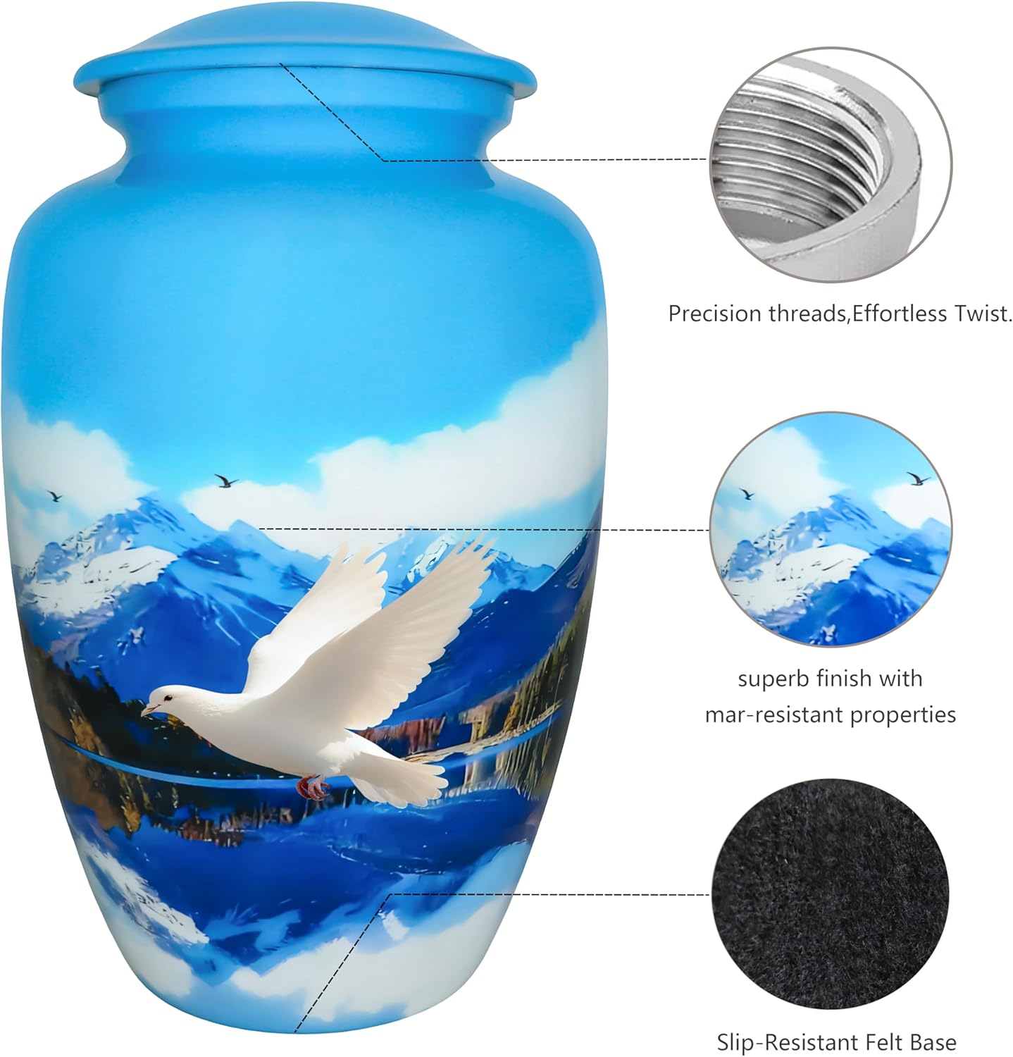 Urns for Human Ashes Adult Female/Men, Funeral Urns for Cremation Ashes, Memorial Urn, Erns, Blue Sky & Clouds, White Dove - Large Size