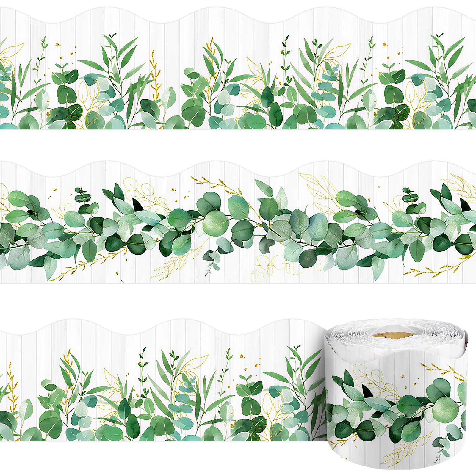 72 Ft Eucalyptus Bulletin Board Borders, Boho Die-Cut Rolled Border Trim,Wall Decor Trim Border Sticker for Photo Wall Classroom Boards Chalkboard