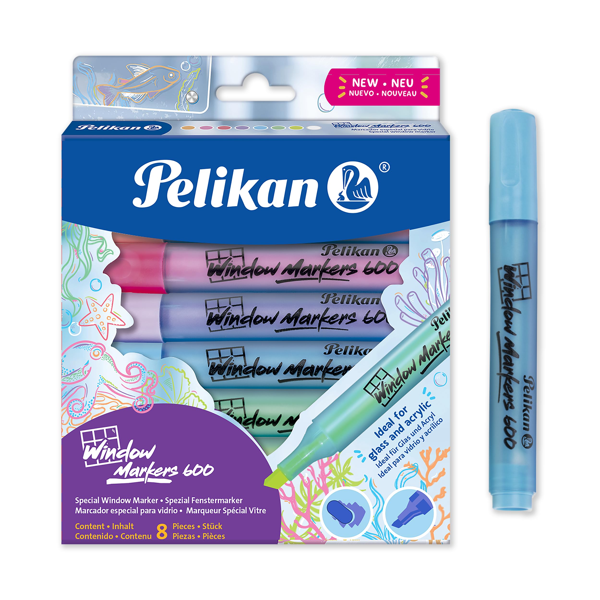 Pelikan Rotulador de ventana 600, marcador borrable efecto tiza para vidrio y superficies no porosas, punta de cincel 2-​5 mm, tinta no tóxica a base de agua, paquete de 8 colores surtidos