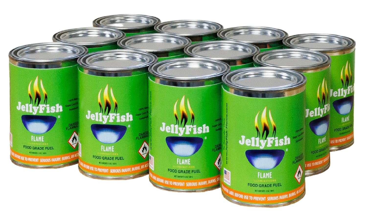 Real JellyFish Flame Premium Green Gel Fuel 12 Cans (13 oz each) - The only safe cooking fuel & perfect for roasting marshmallows - MADE IN USA