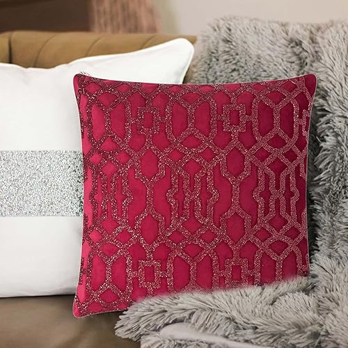 Miniatura 5 de Almohada de celosía, diamantes de imitación brillantes en terciopelo suave, inserto de plumas, funda lavable, única, decoración del hogar, rojo,