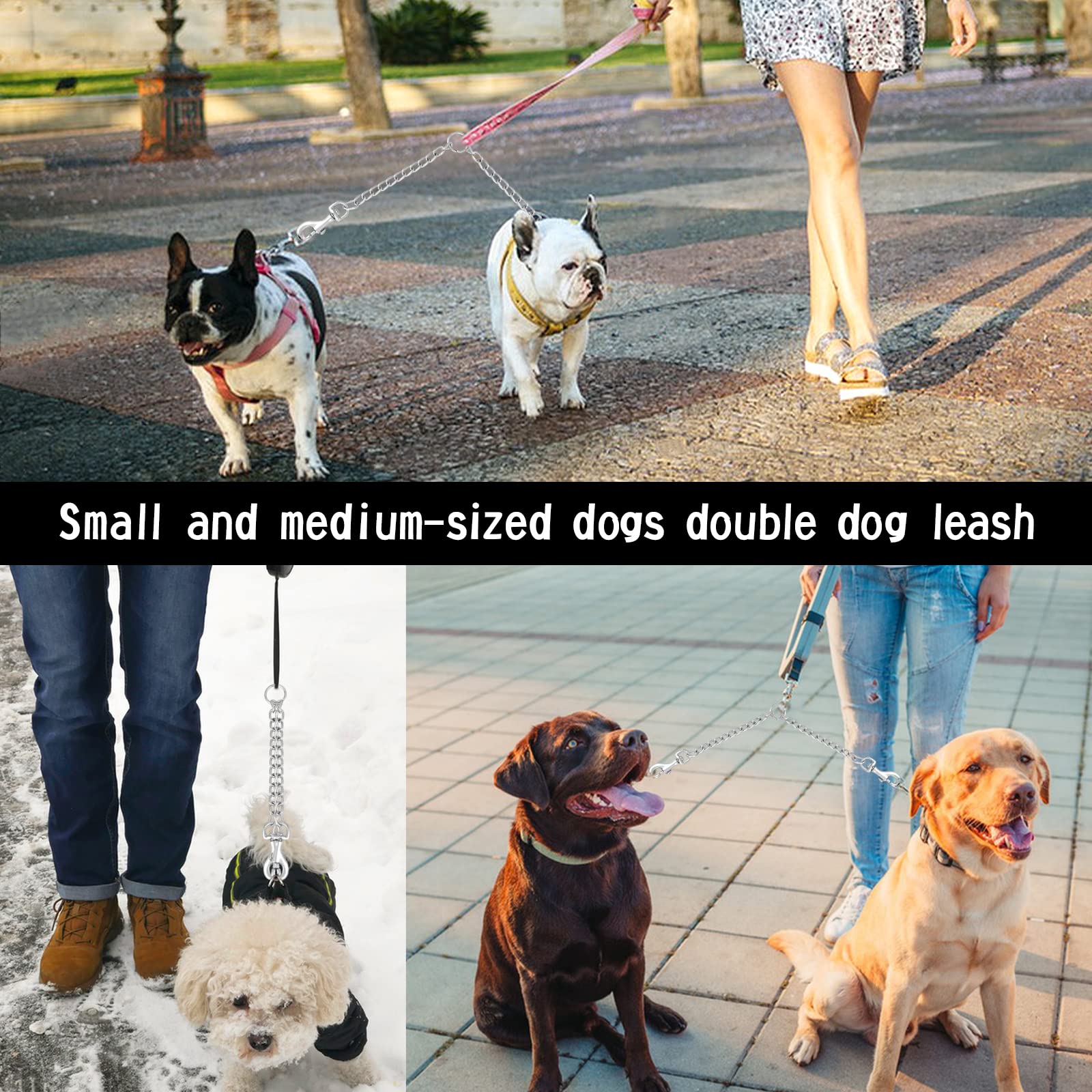 TIESOME Guinzaglio doppio in metallo, resistente, a prova di masticazione, senza grovigli, doppio guinzaglio per cani, prolunga per 2 cani di piccola taglia per camminare (40 cm)