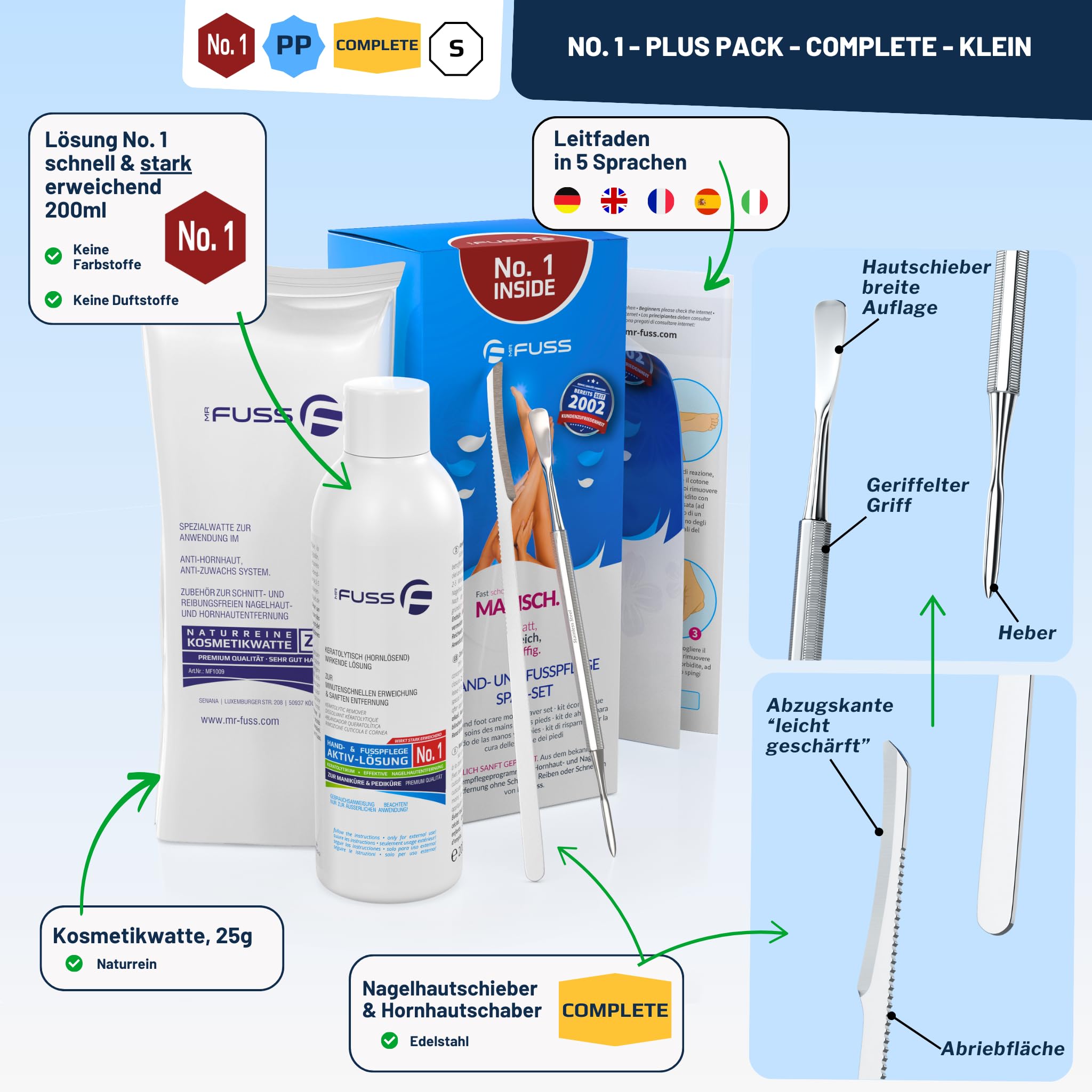 Mr. Fuss® No. 1 - Plus Pack Complete - Klein, Nagelhaut- Hornhautentferner Sparpaket 4 tlg. Aktiv-Lösung Schnell & Stark erweichend - 200 ml, Watte, Besteck-Set