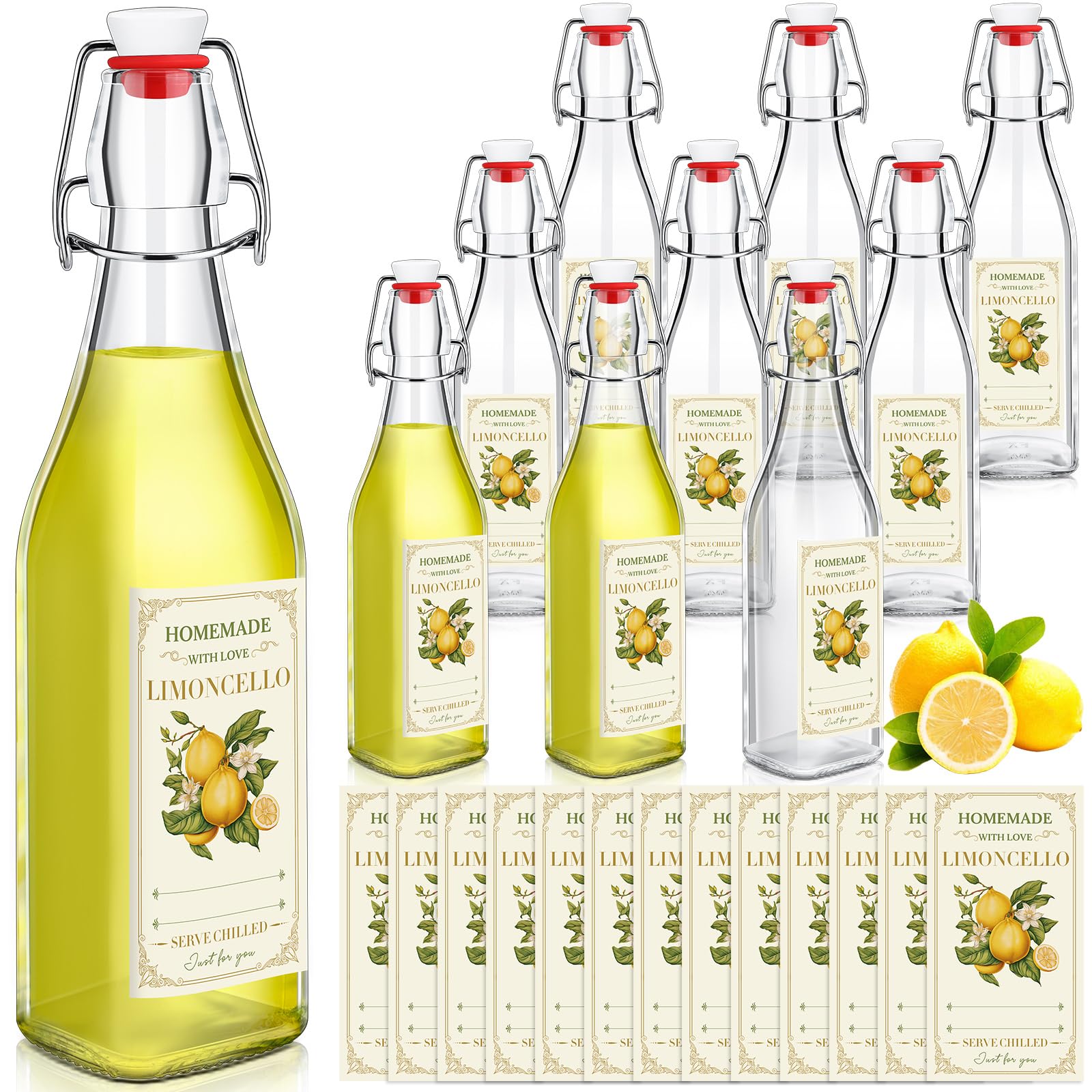 Havawish Bügelverschluss-Glasflaschen für Limoncello hausgemachte klare Bierflaschen mit luftdichtem Deckel, Etiketten zum Brauen von Limoncello, Getränke, Likör (quadratischer Stil), 10 Stück
