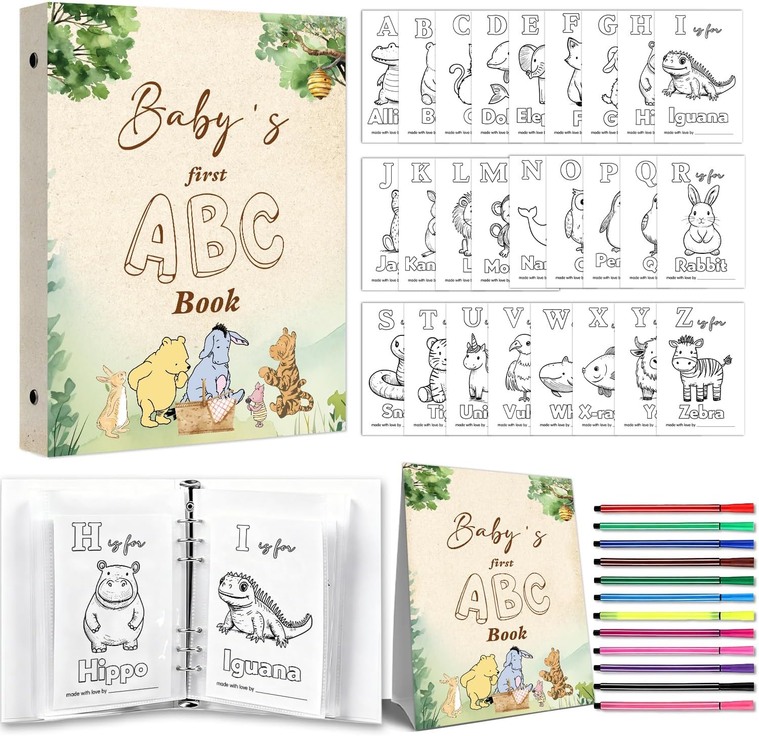 Classic Winnie Baby Shower Decorations,the Pooh Baby Shower Guest Book Alternative,Babies First ABC Book Babies Showers Activity,ABC Coloring Keepsake Books for Party,Pooh Bear Party Supplies
