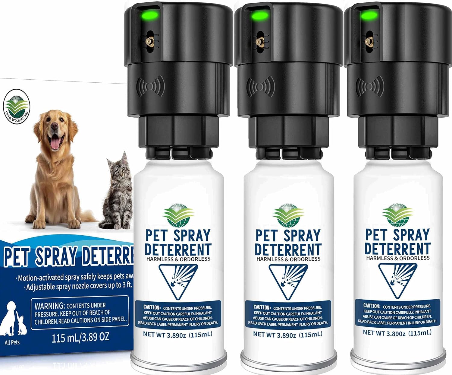 Cat Spray Deterrent System [ 3 Pack] Automatic Cat Deterrent Spray, Motion Activated System for Cats & Dogs Odorless Pet Deterrent, Senses Pets Up to 3 Feet Away, Friendly & Safe Pet Deterrent Spray
