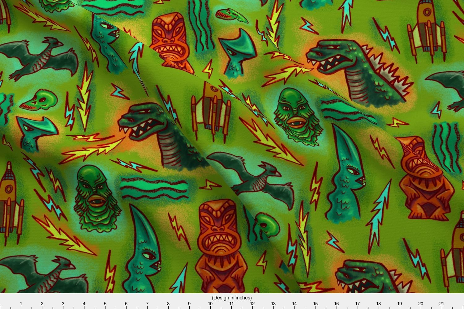Spoonflower Vintage Movie Fabric - Vintage Movie Mic Century Monster Kaiju Creature Black Lagoon Godzilla Tiki Rocket Retro - by Woodyworld Printed on Sport Lycra Fabric by The Yard