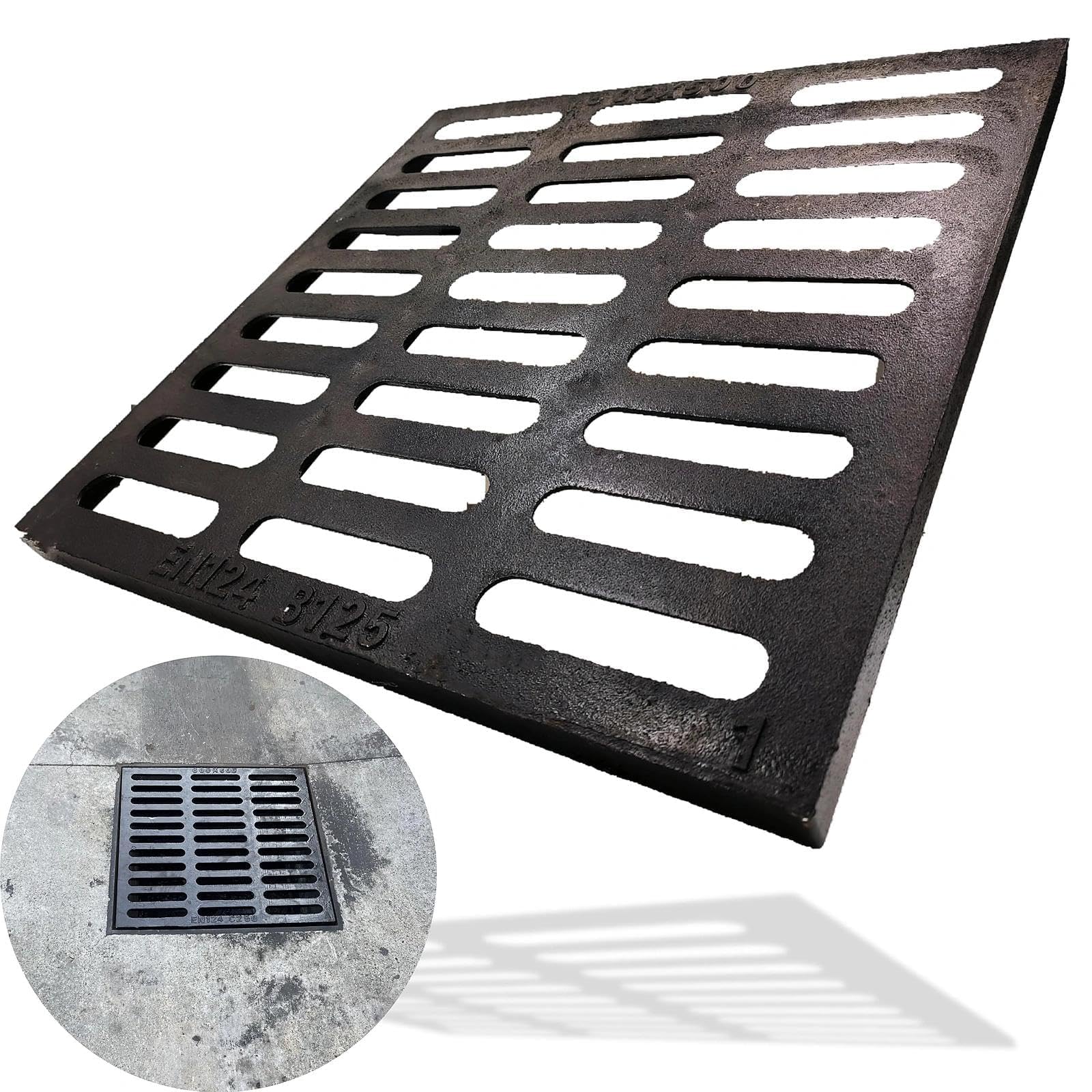 Fonte Ductile Grille de Drain 500x500 mm, Classe C250, Haute Résistance Grille de Caniveau pour Allée et Cour, Carré Grille d'Égout pour Extérieur, Noir