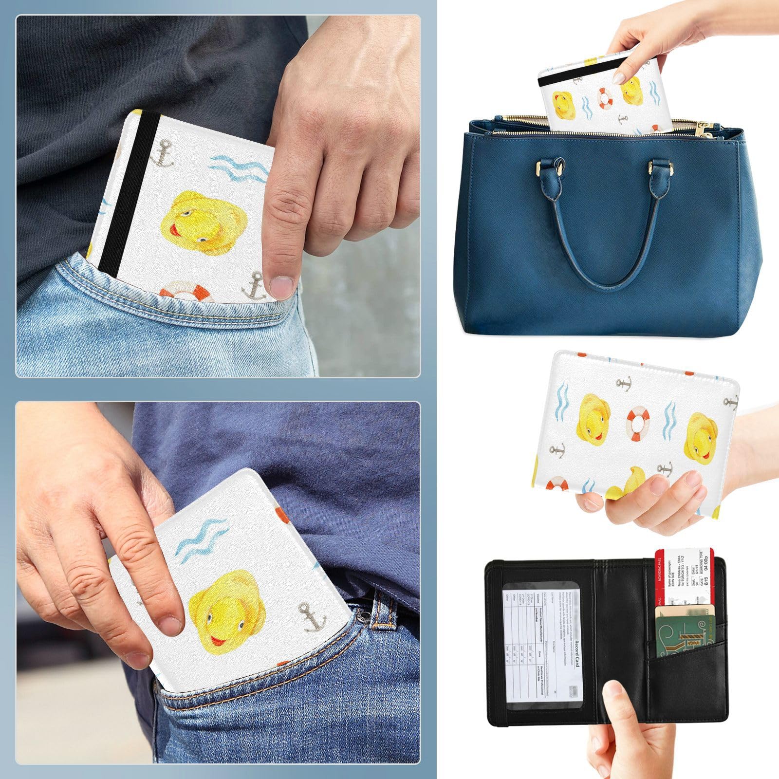 Funda de cuero para pasaporte, ligera, para mujeres, hombres, organizador de documentos familiares, accesorios de viaje, sin costuras, lindos patos amarillos de goma,