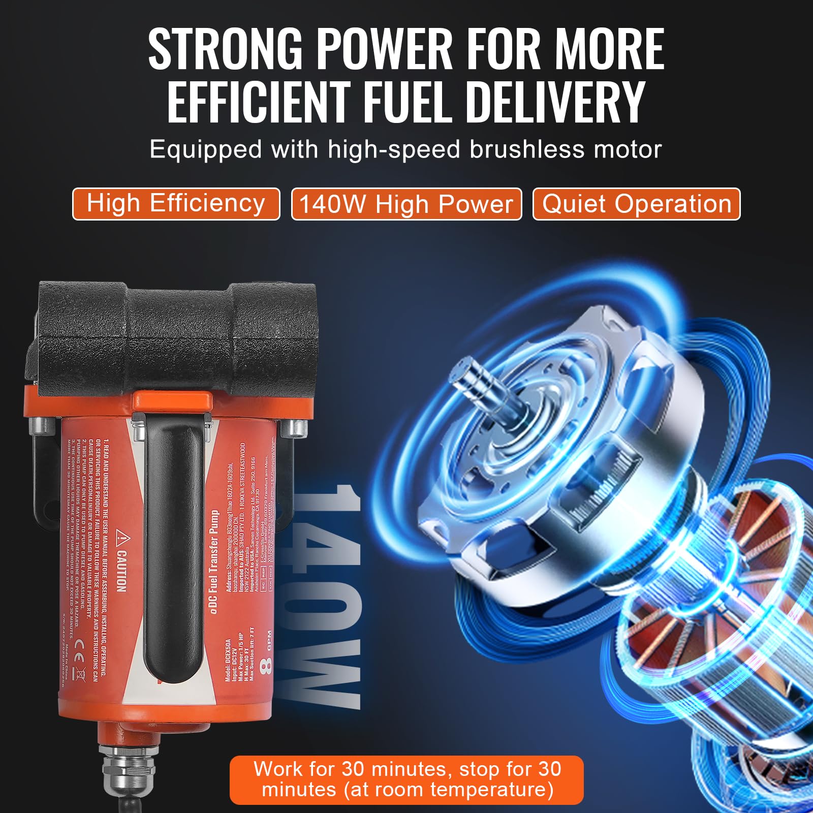 VEVOR Pompa oleju napędowego, 12 V DC, 8 GPM, 1/6 KM, pompa oleju opałowego z automatycznym wyłączeniem pistoletu, pompa przelewowa, długi wąż wlotowy i wylotowy do benzyny, oleju napędowego, nafty