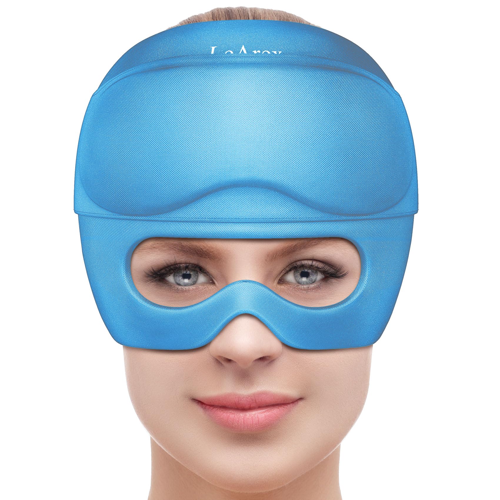 2 in 1 Migraine Relief Cap with Gel Eye Mask, Headache Relief Cap Ice Head Wrap Hot and Cold Therapy Hat Gift for Women for Headache Puffy Eyes Sinus and Tension Stress Relief (Sky Blue)