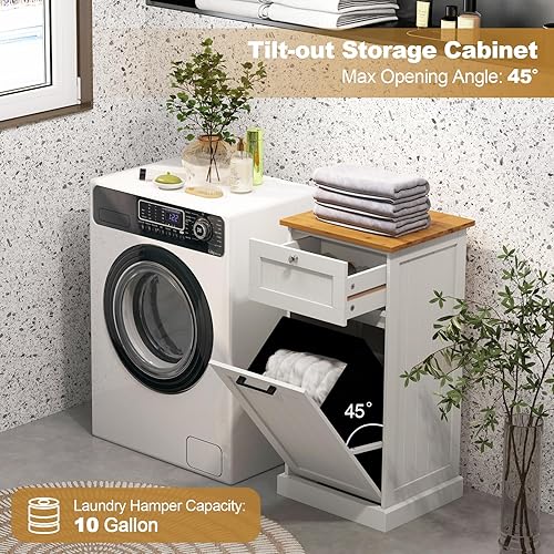 Miniatura 4 de Giantex Gabinete de cesta de lavandería inclinable, gabinete de almacenamiento de baño con cajón, cesta de lavandería extraíble, encimera de bambú,