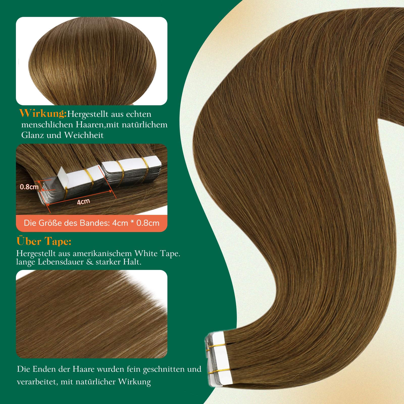 Easyouth Tape Echthaar Extensions Braun Echthaar Extension Tape Dunkelbraun Extension Menschenhaar Tapes für Damen #4 30cm 30g